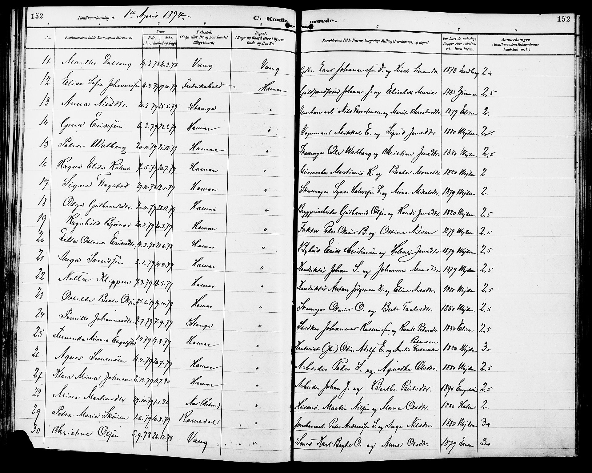 Vang prestekontor, Hedmark, AV/SAH-PREST-008/H/Ha/Haa/L0017: Parish register (official) no. 17, 1890-1899, p. 152