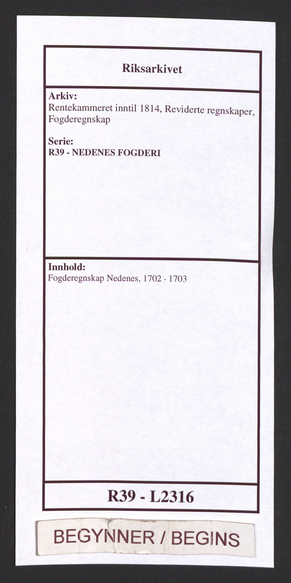 Rentekammeret inntil 1814, Reviderte regnskaper, Fogderegnskap, AV/RA-EA-4092/R39/L2316: Fogderegnskap Nedenes, 1702-1703, p. 1