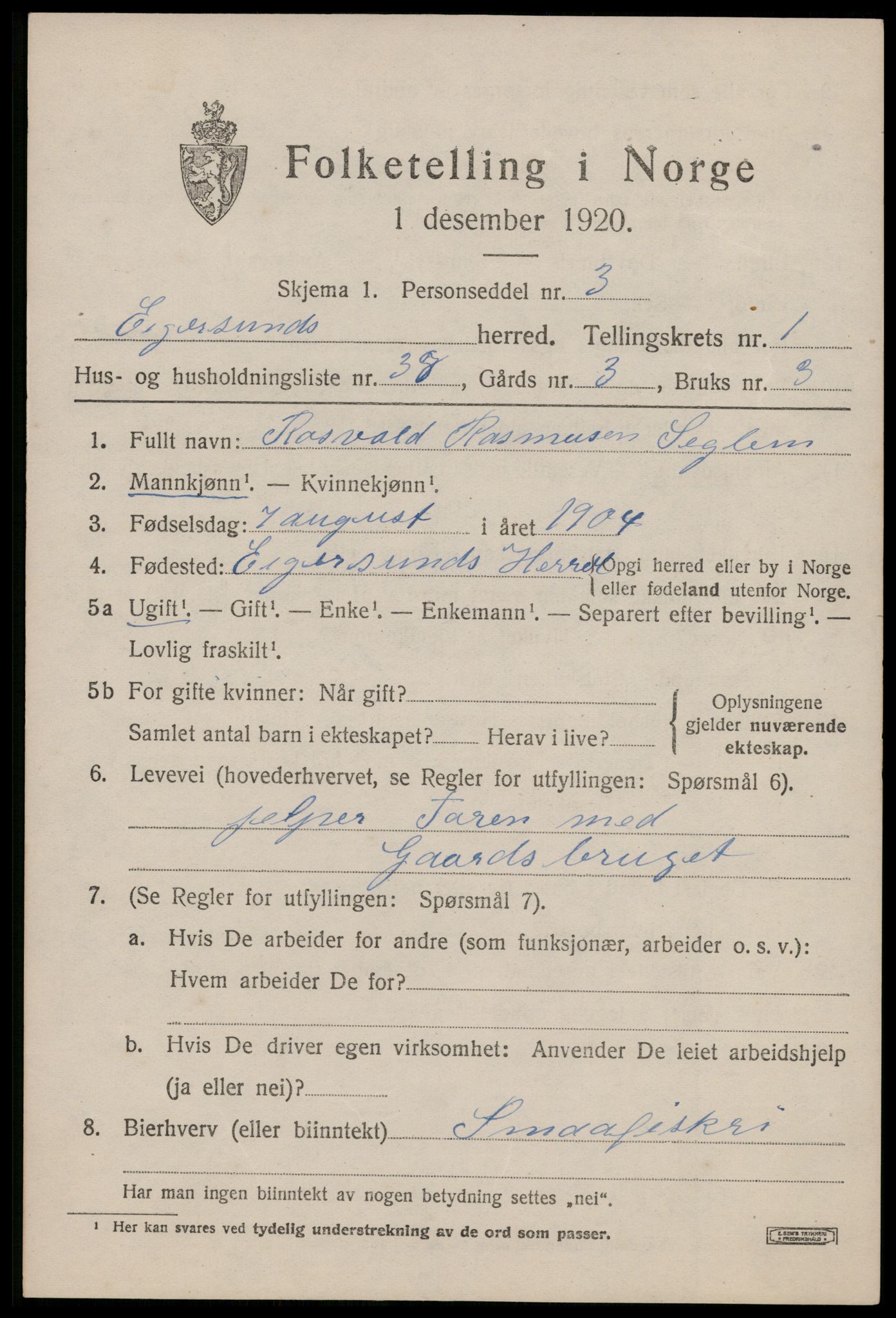 SAST, 1920 census for Eigersund, 1920, p. 1579