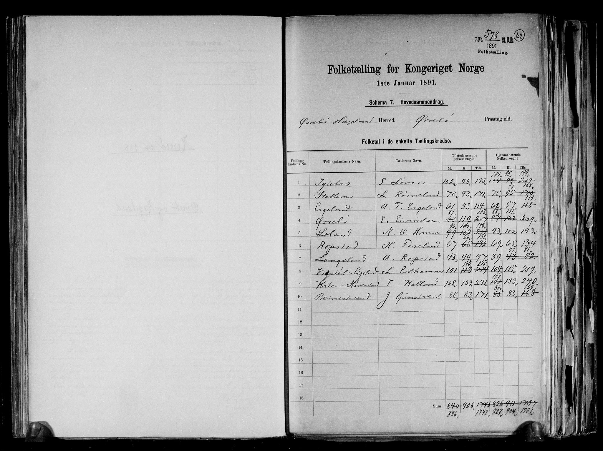 RA, 1891 census for 1016 Øvrebø og Hægeland, 1891, p. 2