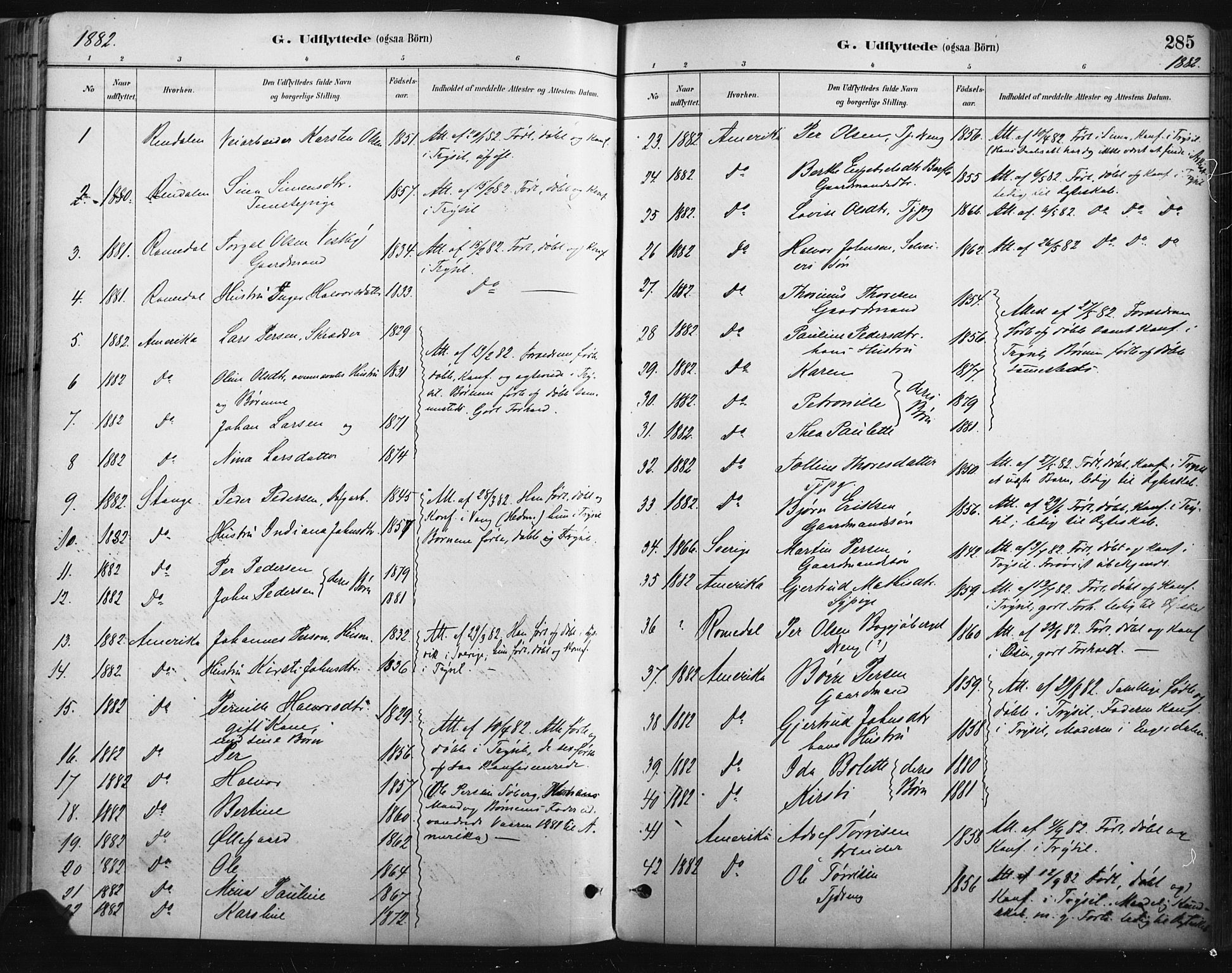 Trysil prestekontor, SAH/PREST-046/H/Ha/Haa/L0009: Parish register (official) no. 9, 1881-1897, p. 285