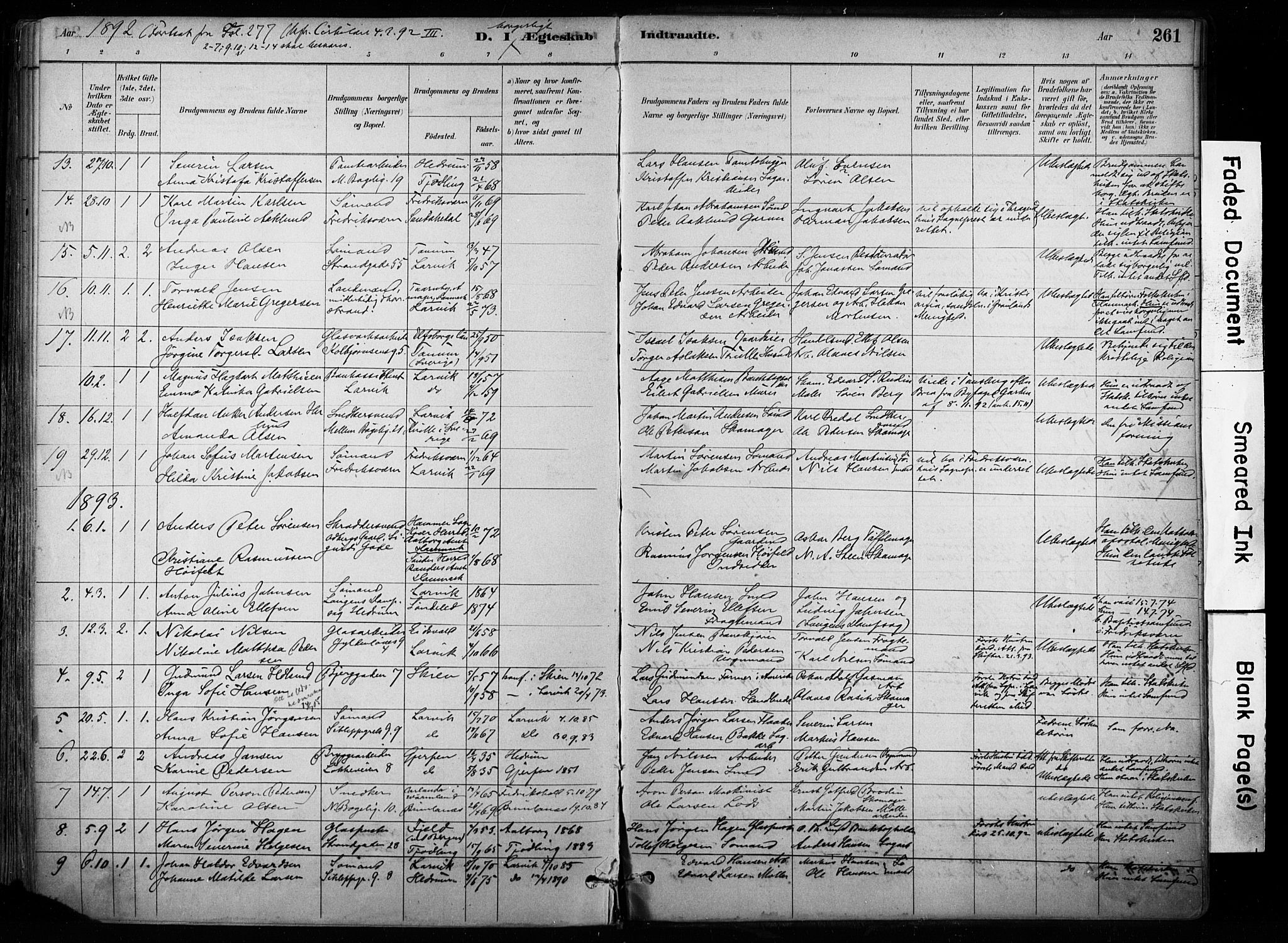 Larvik kirkebøker, SAKO/A-352/F/Fa/L0008: Parish register (official) no. I 8, 1884-1902, p. 261