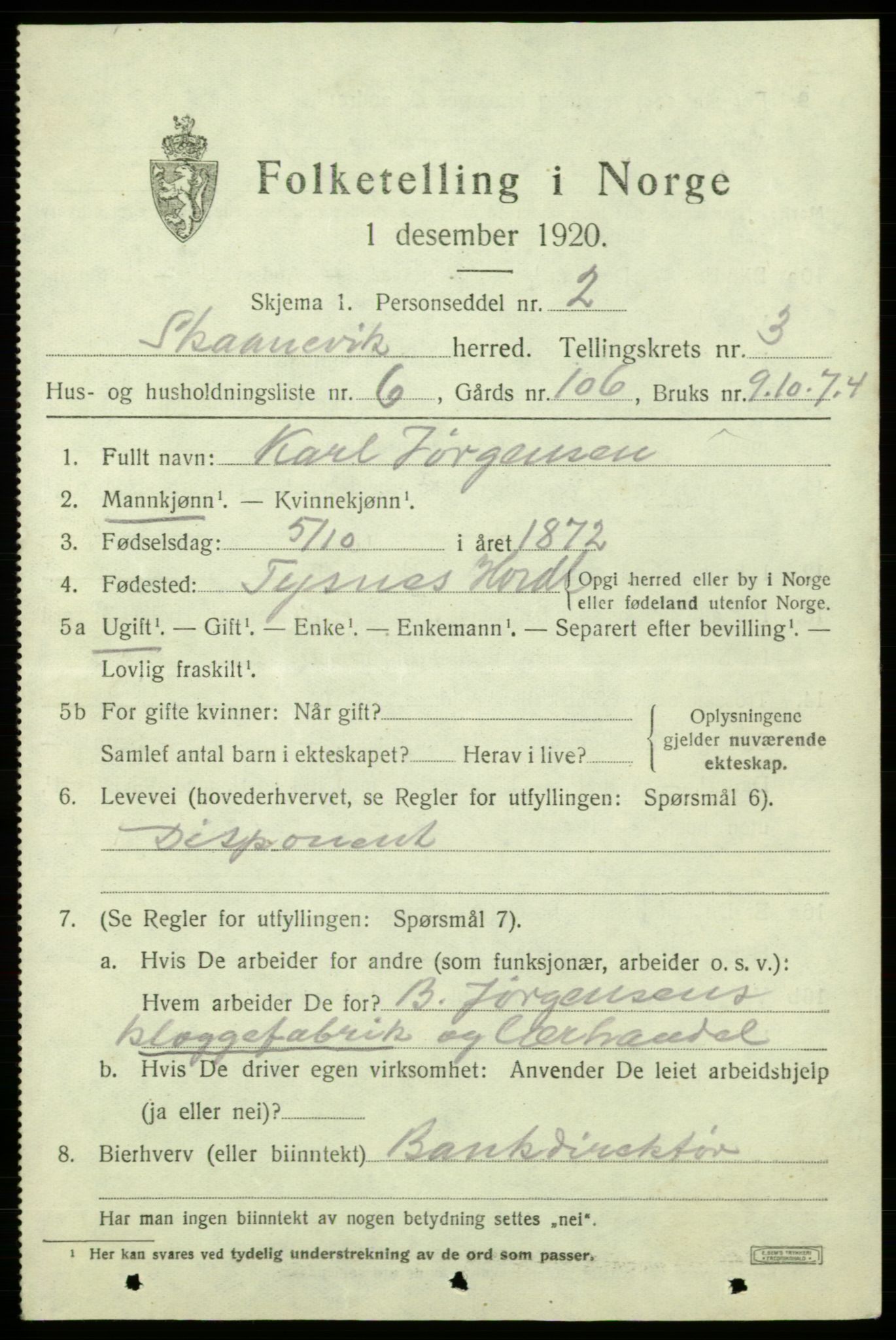 SAB, 1920 census for Skånevik, 1920, p. 2835