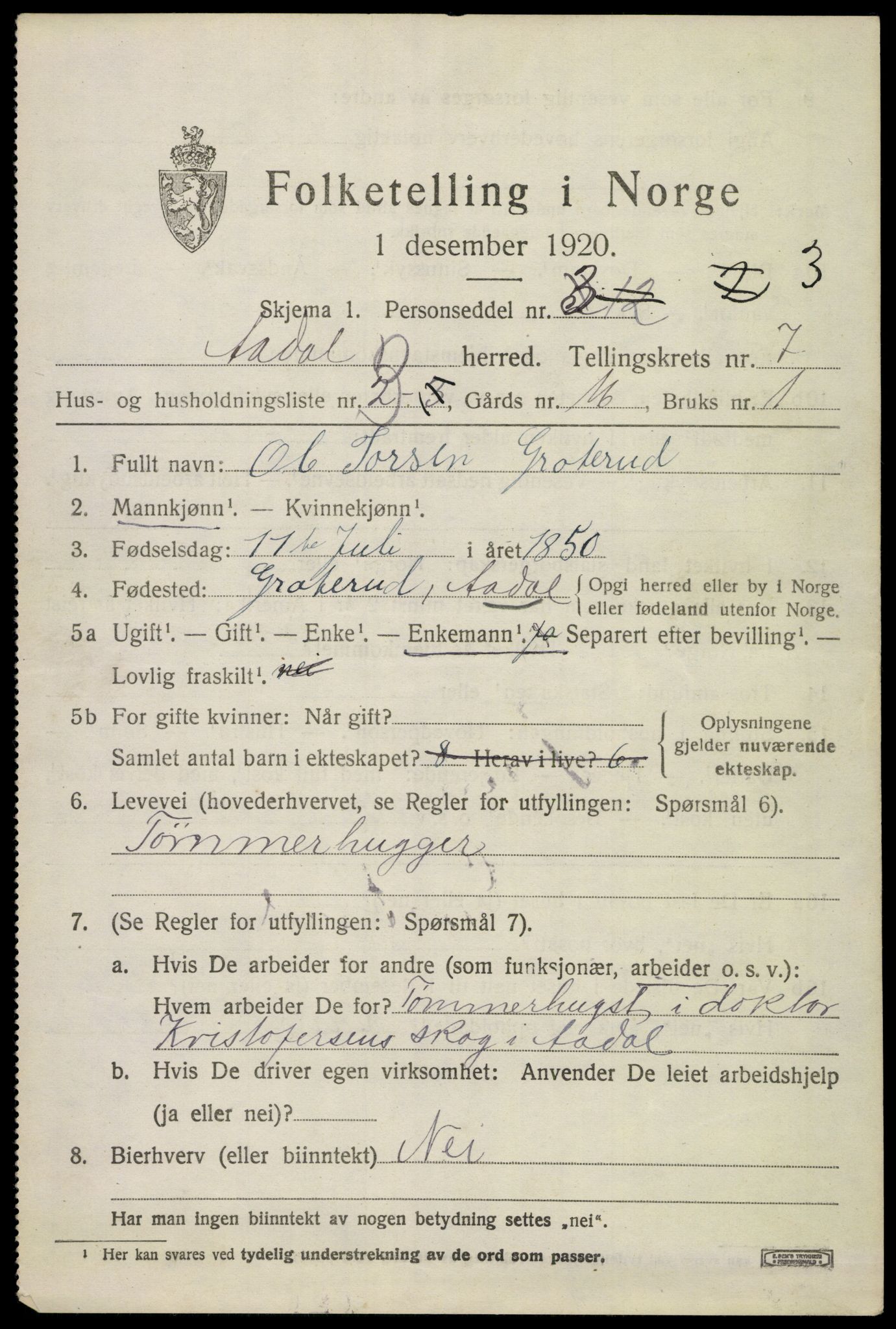 SAKO, 1920 census for Ådal, 1920, p. 5026