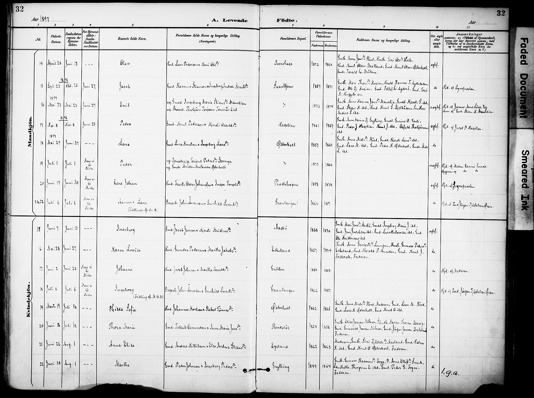 Gjerstad sokneprestkontor, AV/SAK-1111-0014/F/Fa/Faa/L0010: Parish register (official) no. A 10, 1891-1902, p. 32