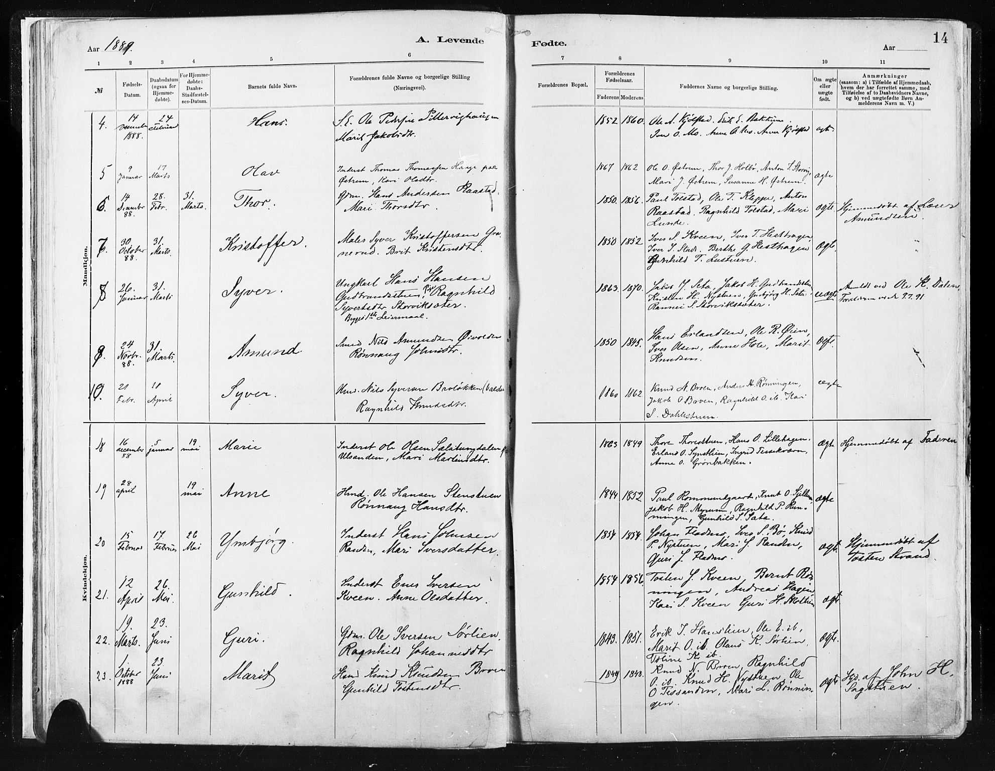 Vågå prestekontor, AV/SAH-PREST-076/H/Ha/Haa/L0009: Parish register (official) no. 9, 1886-1904, p. 14