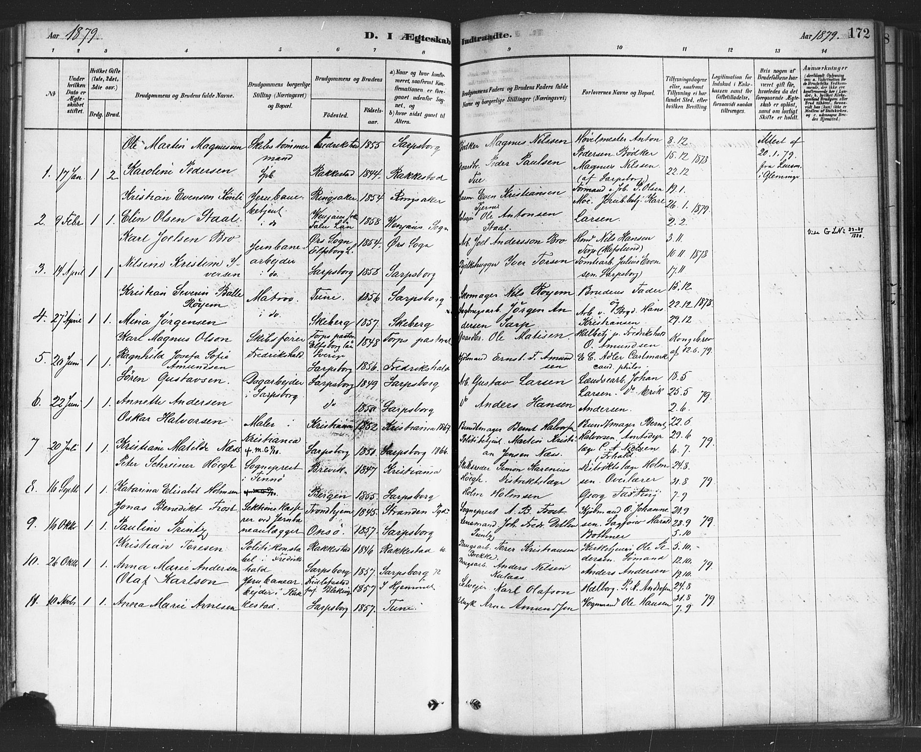 Sarpsborg prestekontor Kirkebøker, SAO/A-2006/F/Fa/L0003: Parish register (official) no. 3, 1878-1891, p. 172