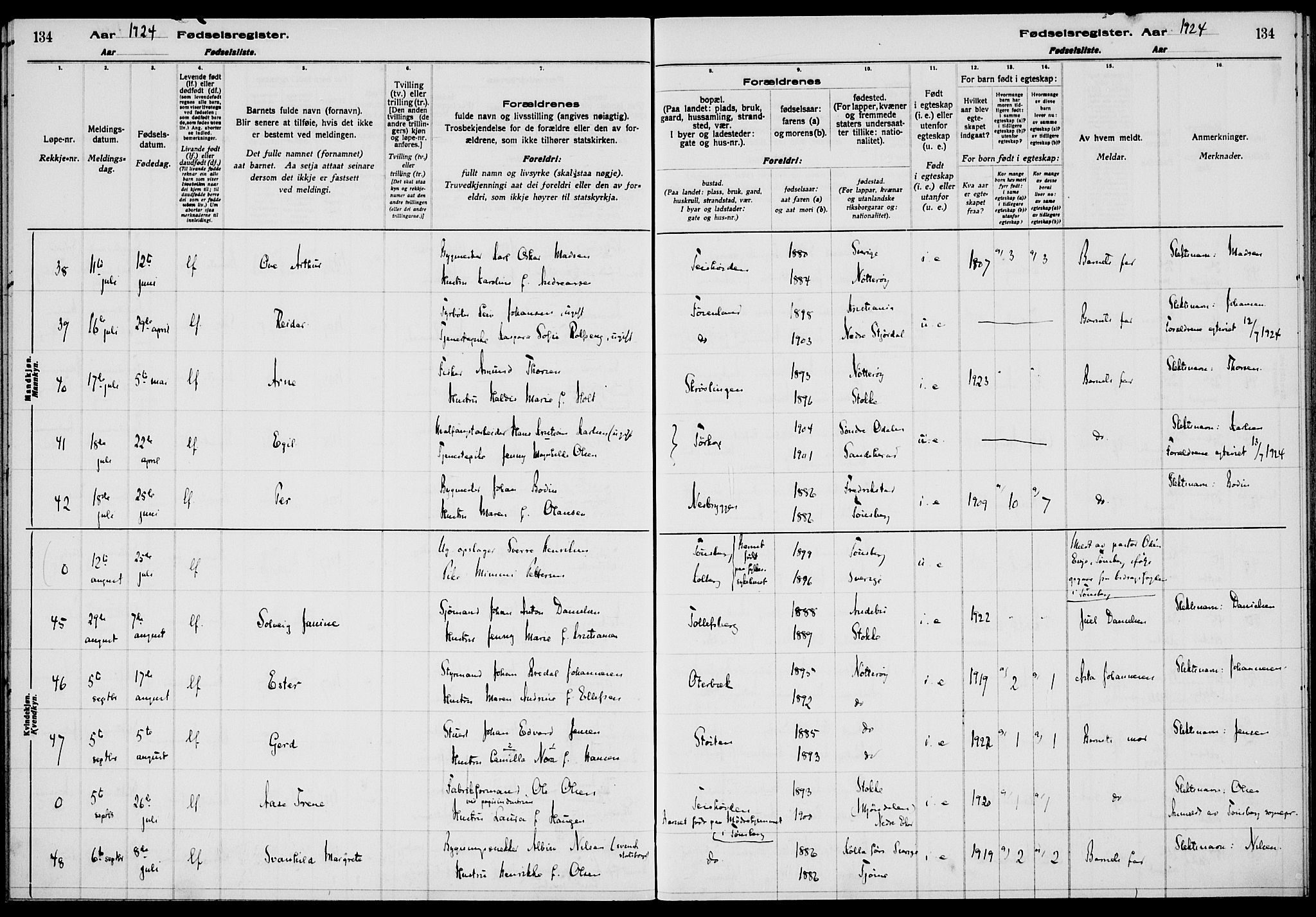 Nøtterøy kirkebøker, AV/SAKO-A-354/J/Ja/L0001: Birth register no. 1, 1916-1928, p. 134