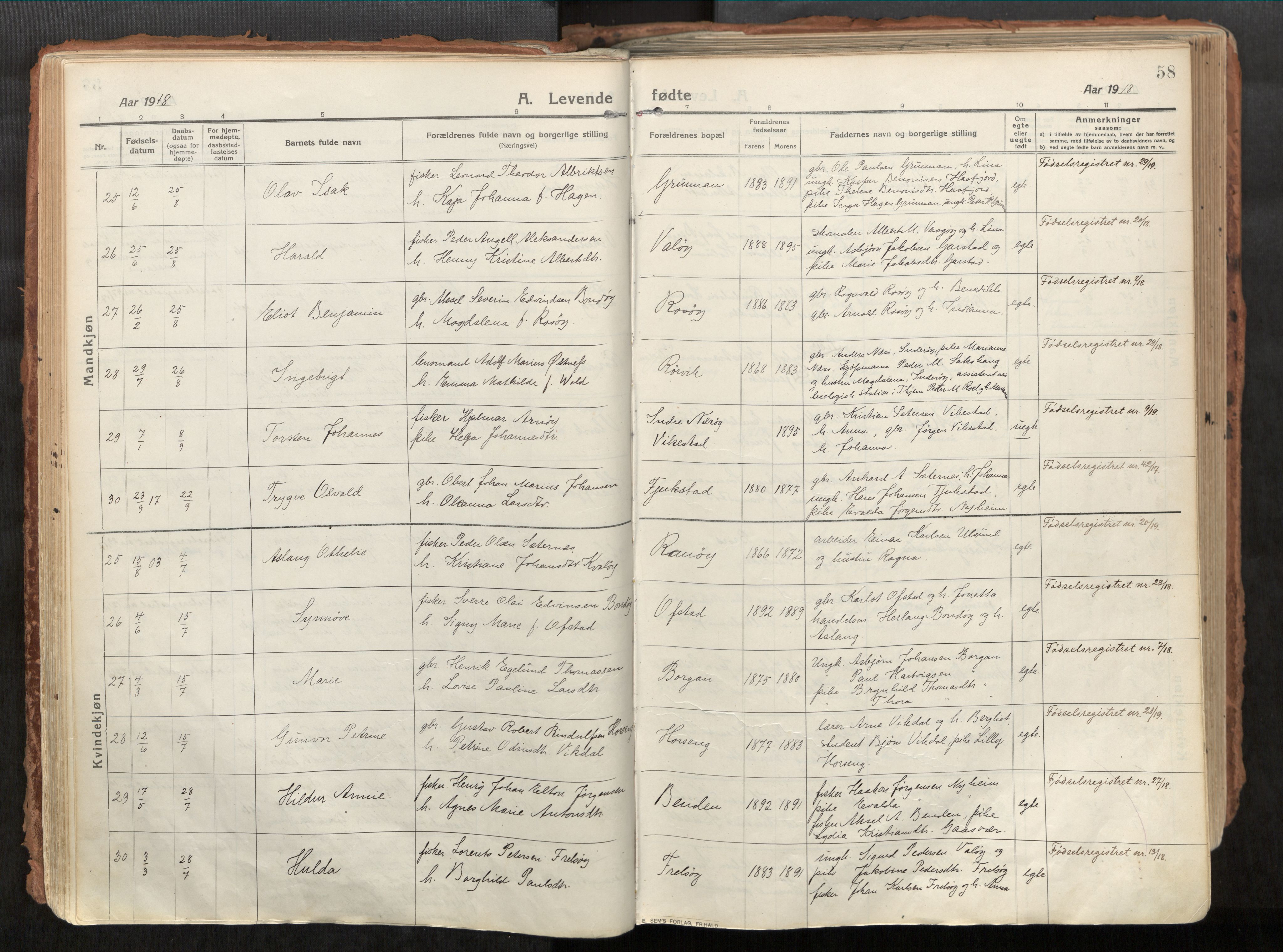 Vikna sokneprestkontor, AV/SAT-A-1173/1/I/I1/I1a/L0001: Parish register (official) no. 1, 1913-1934, p. 58