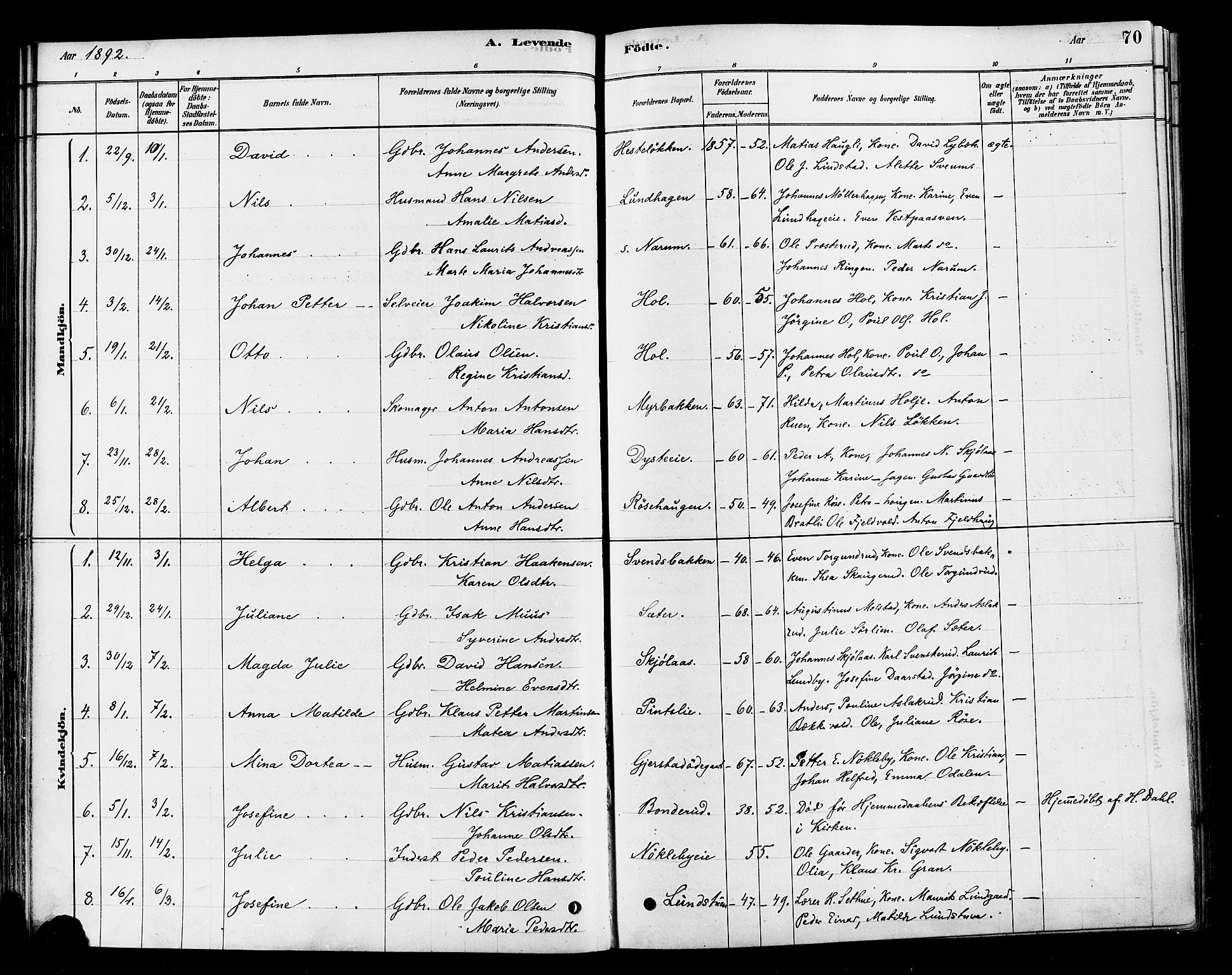 Vestre Toten prestekontor, SAH/PREST-108/H/Ha/Haa/L0010: Parish register (official) no. 10, 1878-1894, p. 70