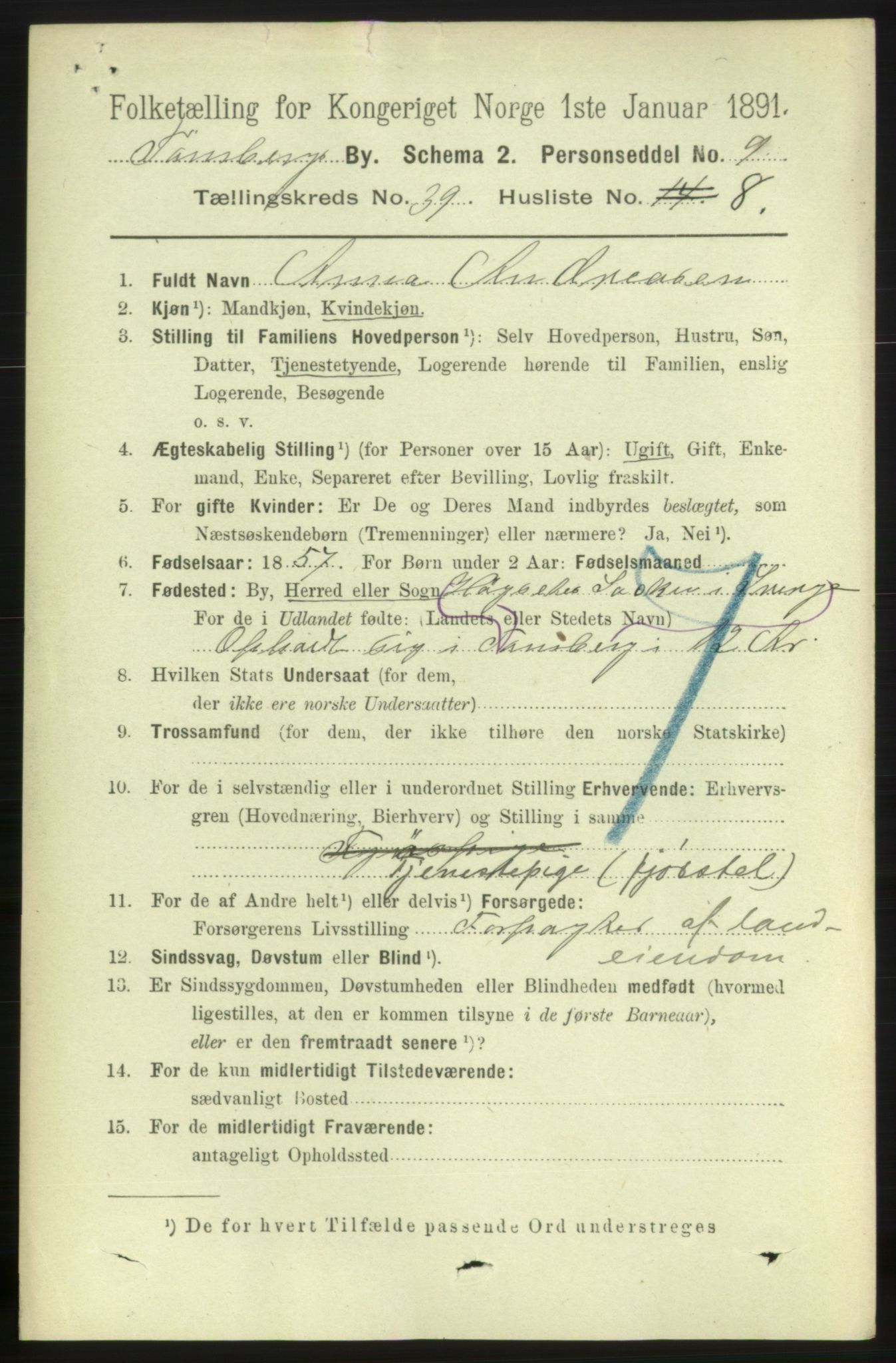 RA, 1891 census for 0705 Tønsberg, 1891, p. 8606