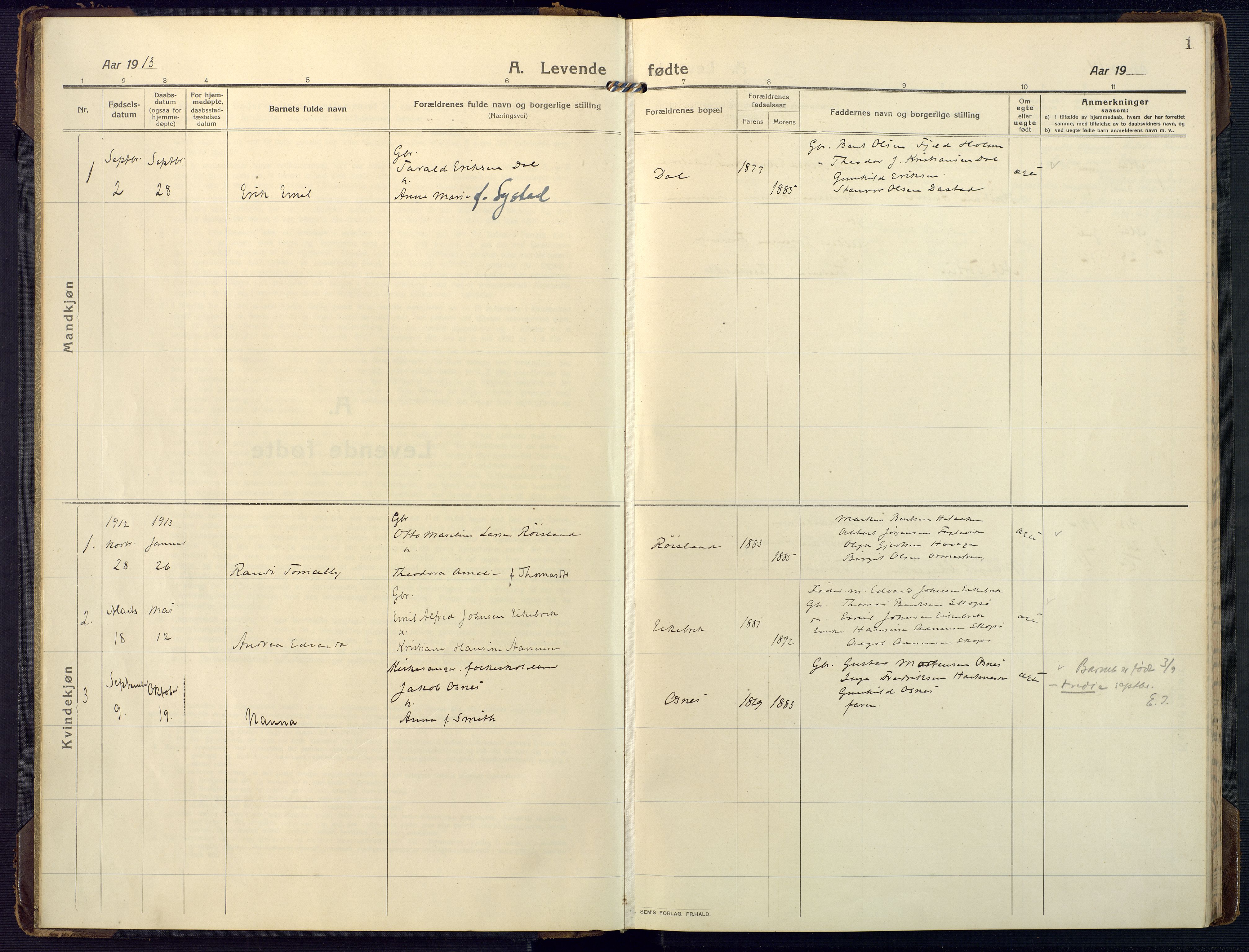 Mandal sokneprestkontor, SAK/1111-0030/F/Fa/Fab/L0003: Parish register (official) no. A 3, 1913-1933, p. 1