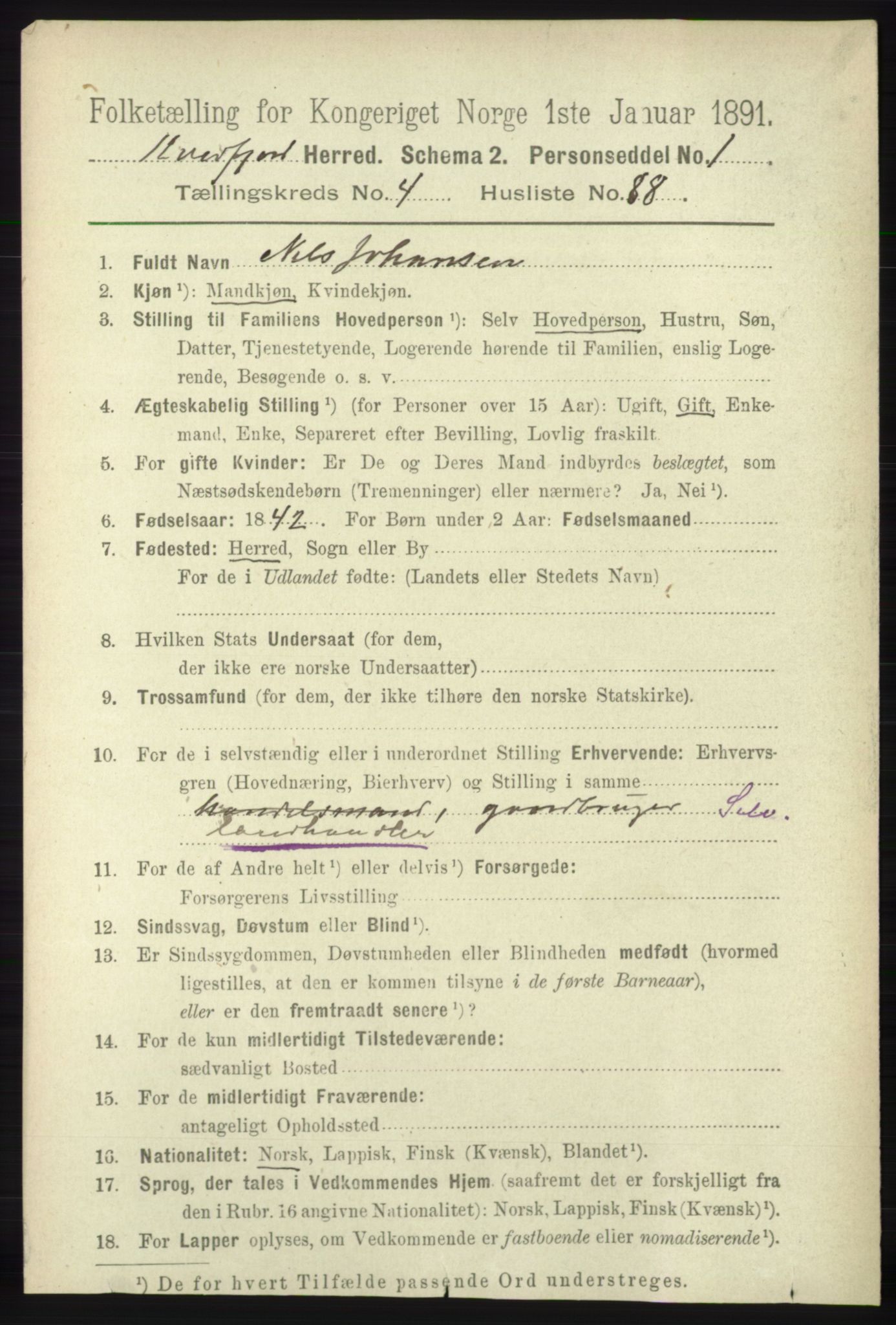 RA, 1891 census for 1911 Kvæfjord, 1891, p. 2502