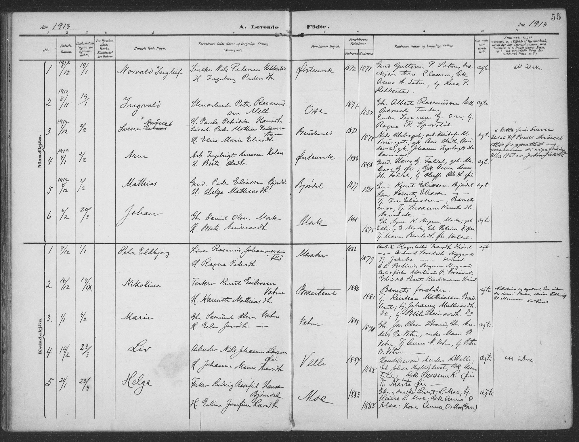 Ministerialprotokoller, klokkerbøker og fødselsregistre - Møre og Romsdal, AV/SAT-A-1454/513/L0178: Parish register (official) no. 513A05, 1906-1919, p. 55