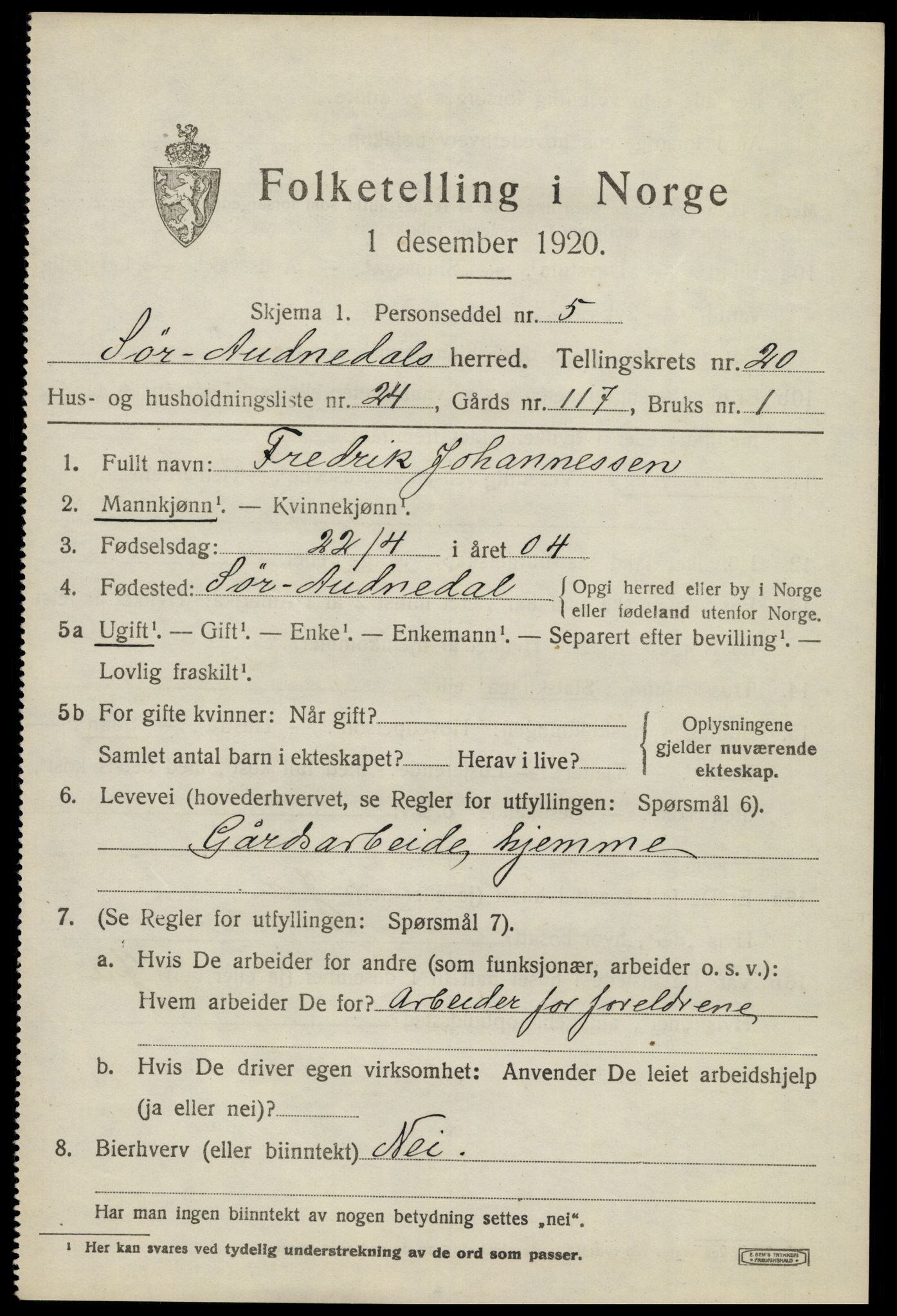 SAK, 1920 census for Sør-Audnedal, 1920, p. 6921