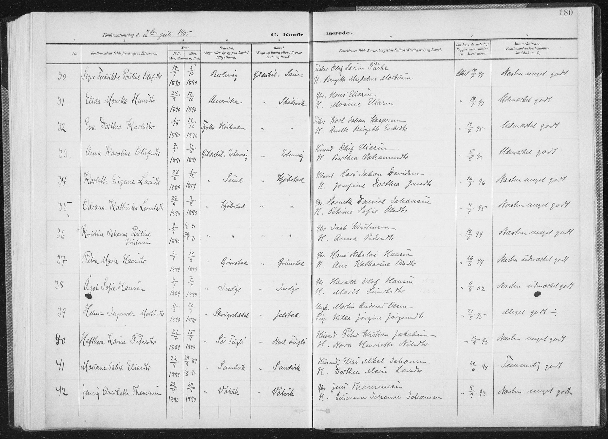 Ministerialprotokoller, klokkerbøker og fødselsregistre - Nordland, AV/SAT-A-1459/805/L0102: Parish register (official) no. 805A08I, 1900-1909, p. 180