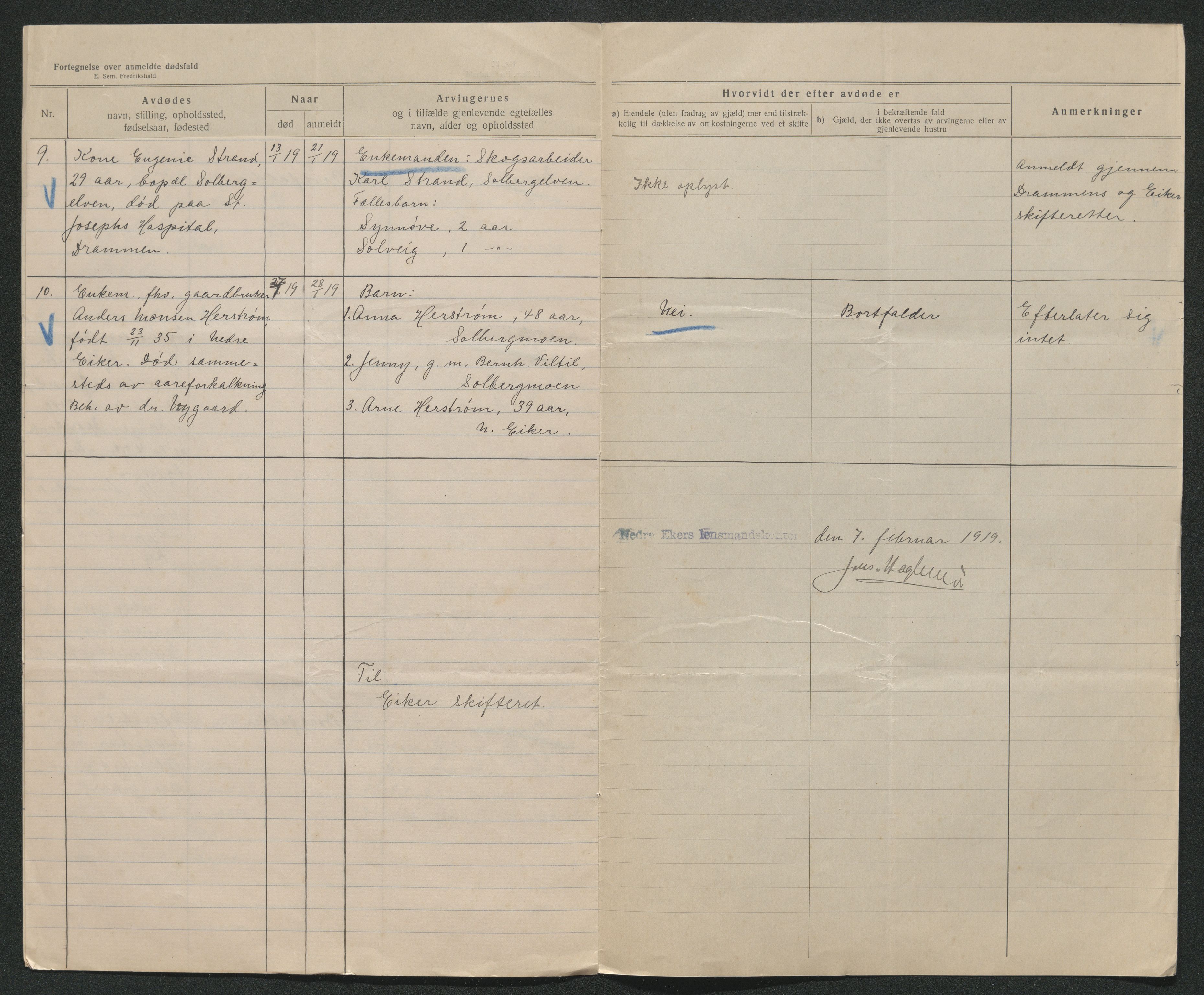 Eiker, Modum og Sigdal sorenskriveri, AV/SAKO-A-123/H/Ha/Hab/L0039: Dødsfallsmeldinger, 1918-1919, p. 1249