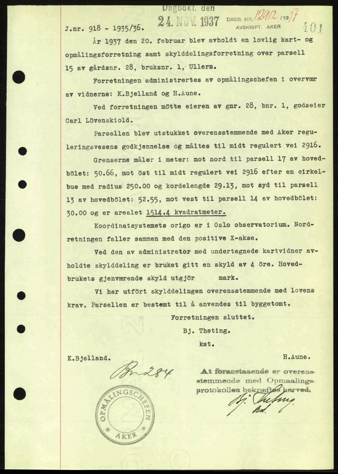 Aker herredsskriveri, AV/SAO-A-10896/G/Gb/Gba/Gbab/L0018: Mortgage book no. A149, 1937-1937, Diary no: : 12912/1937