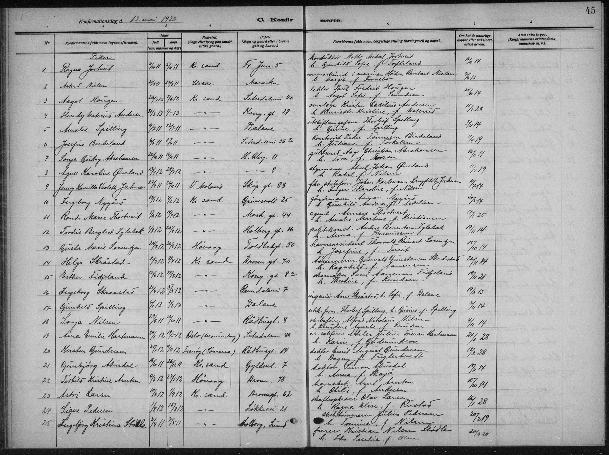 Kristiansand domprosti, AV/SAK-1112-0006/F/Fb/L0025: Parish register (copy) no. B 25, 1924-1934, p. 45