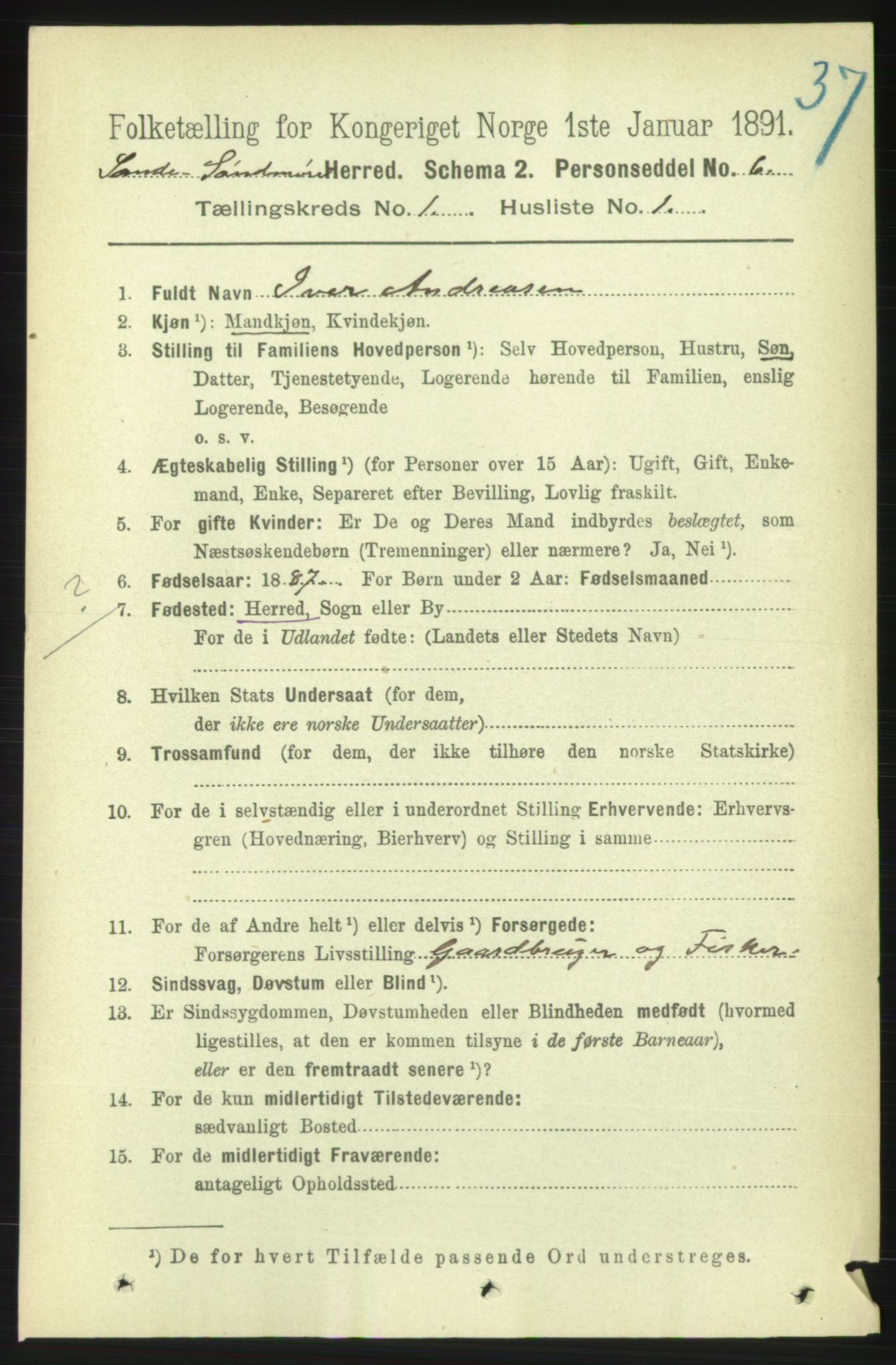 RA, 1891 census for 1514 Sande, 1891, p. 60