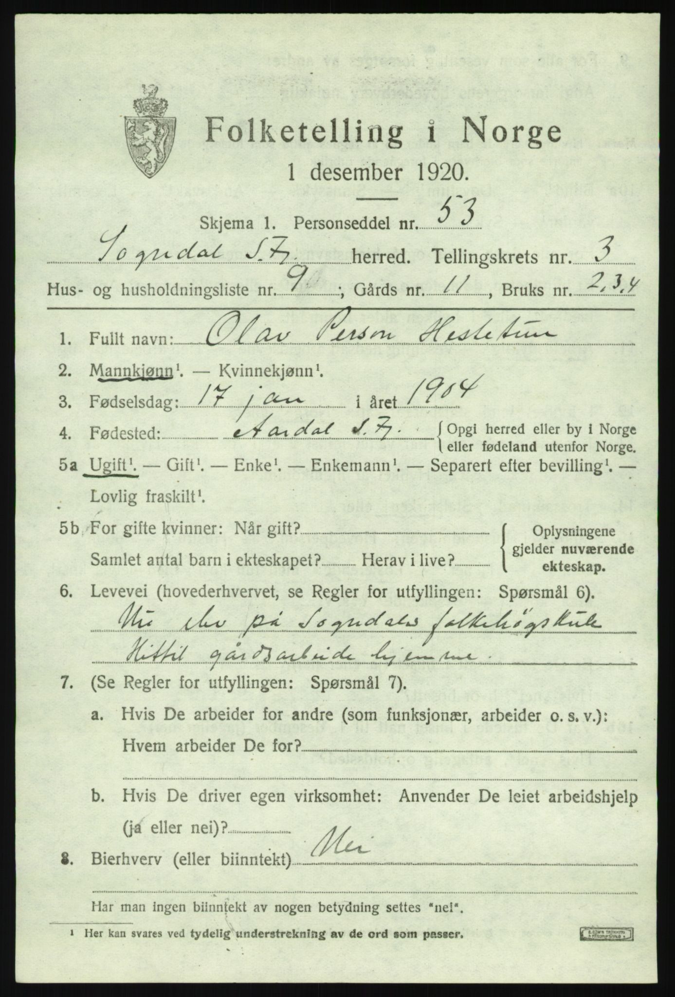 SAB, 1920 census for Sogndal, 1920, p. 2305