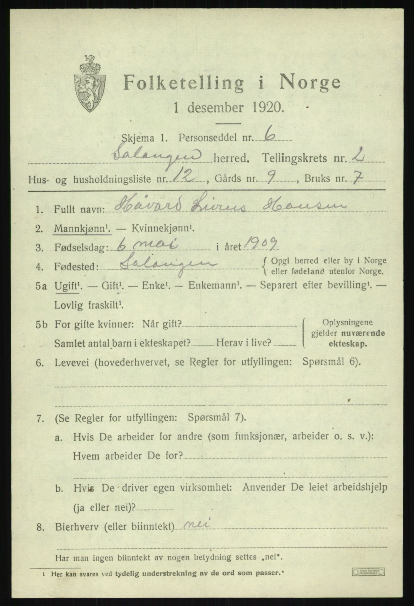 SATØ, 1920 census for Salangen, 1920, p. 1320