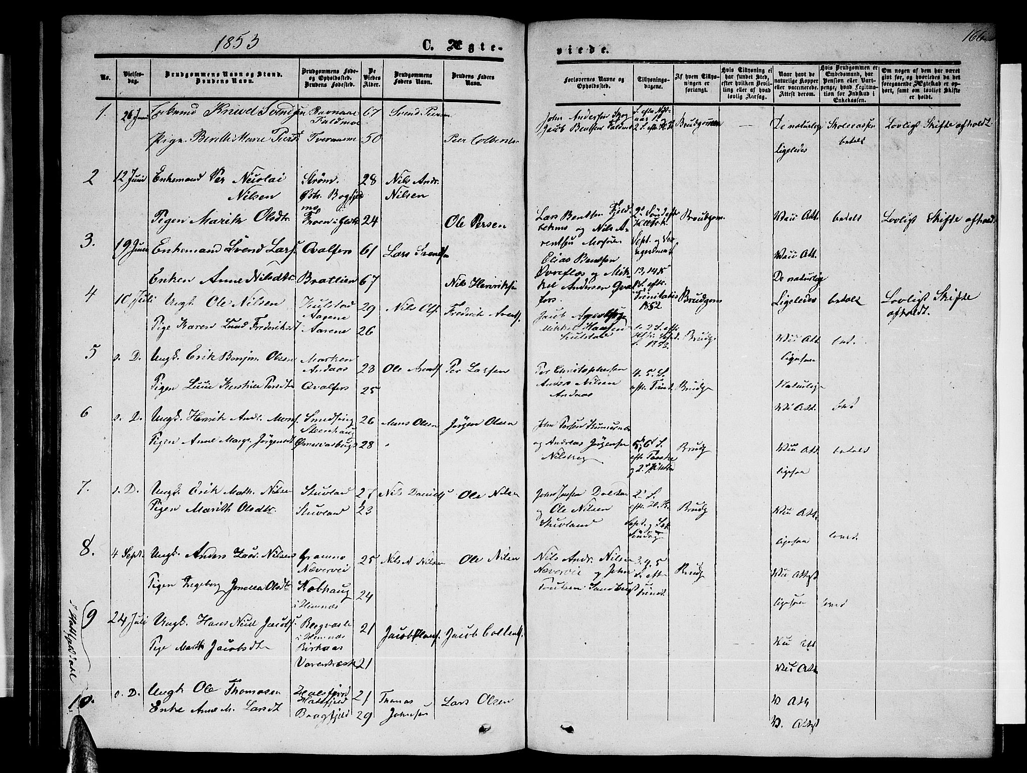 Ministerialprotokoller, klokkerbøker og fødselsregistre - Nordland, AV/SAT-A-1459/820/L0301: Parish register (copy) no. 820C03, 1851-1858, p. 166