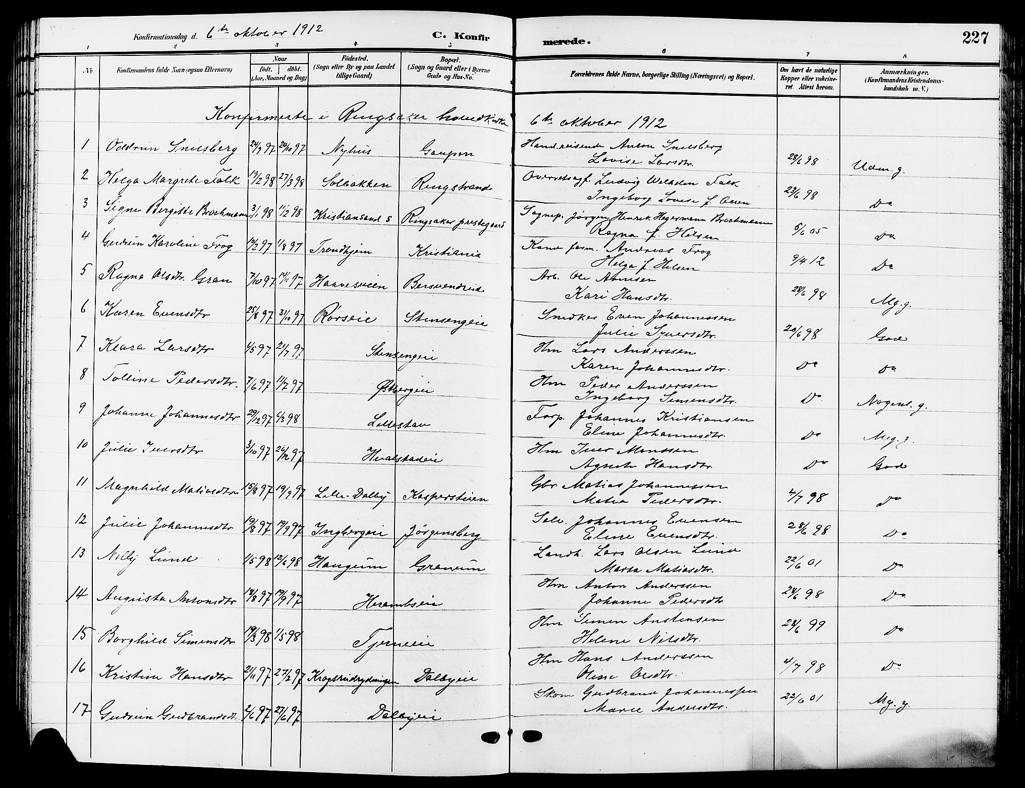 Ringsaker prestekontor, SAH/PREST-014/L/La/L0015: Parish register (copy) no. 15, 1903-1912, p. 227