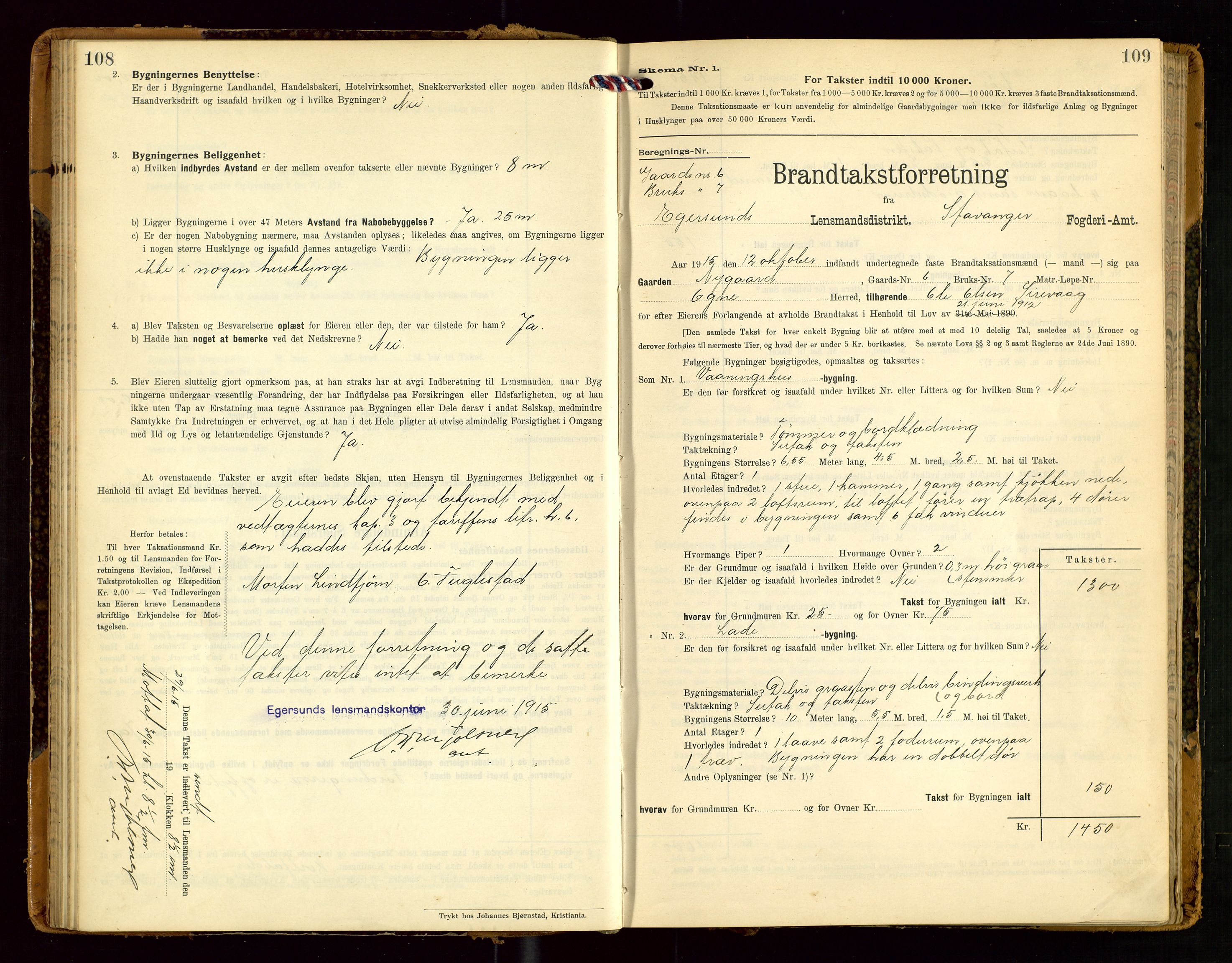 Eigersund lensmannskontor, SAST/A-100171/Gob/L0002: "Brandtakstprotokol", 1910-1916, p. 108-109