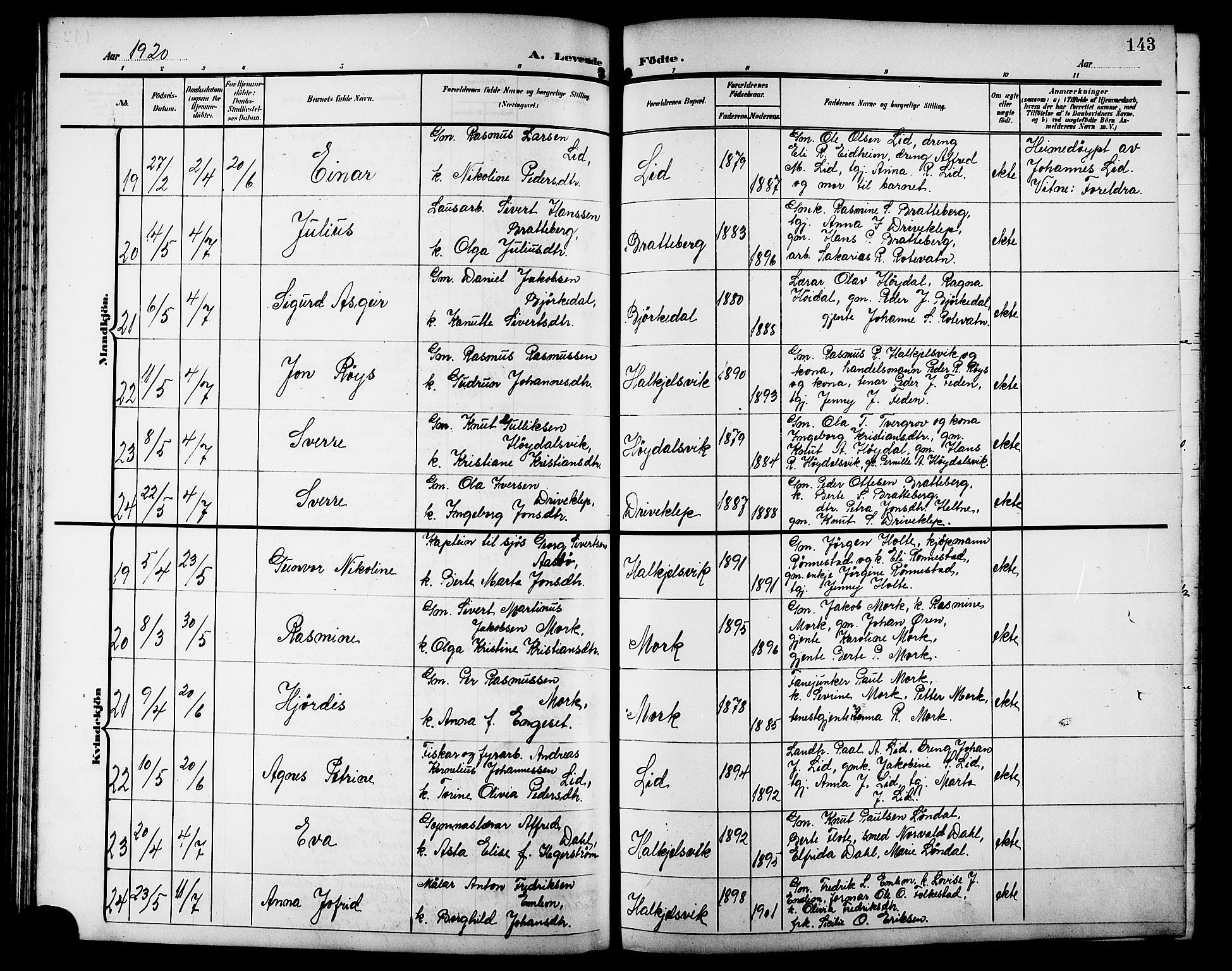 Ministerialprotokoller, klokkerbøker og fødselsregistre - Møre og Romsdal, AV/SAT-A-1454/511/L0159: Parish register (copy) no. 511C05, 1902-1920, p. 143