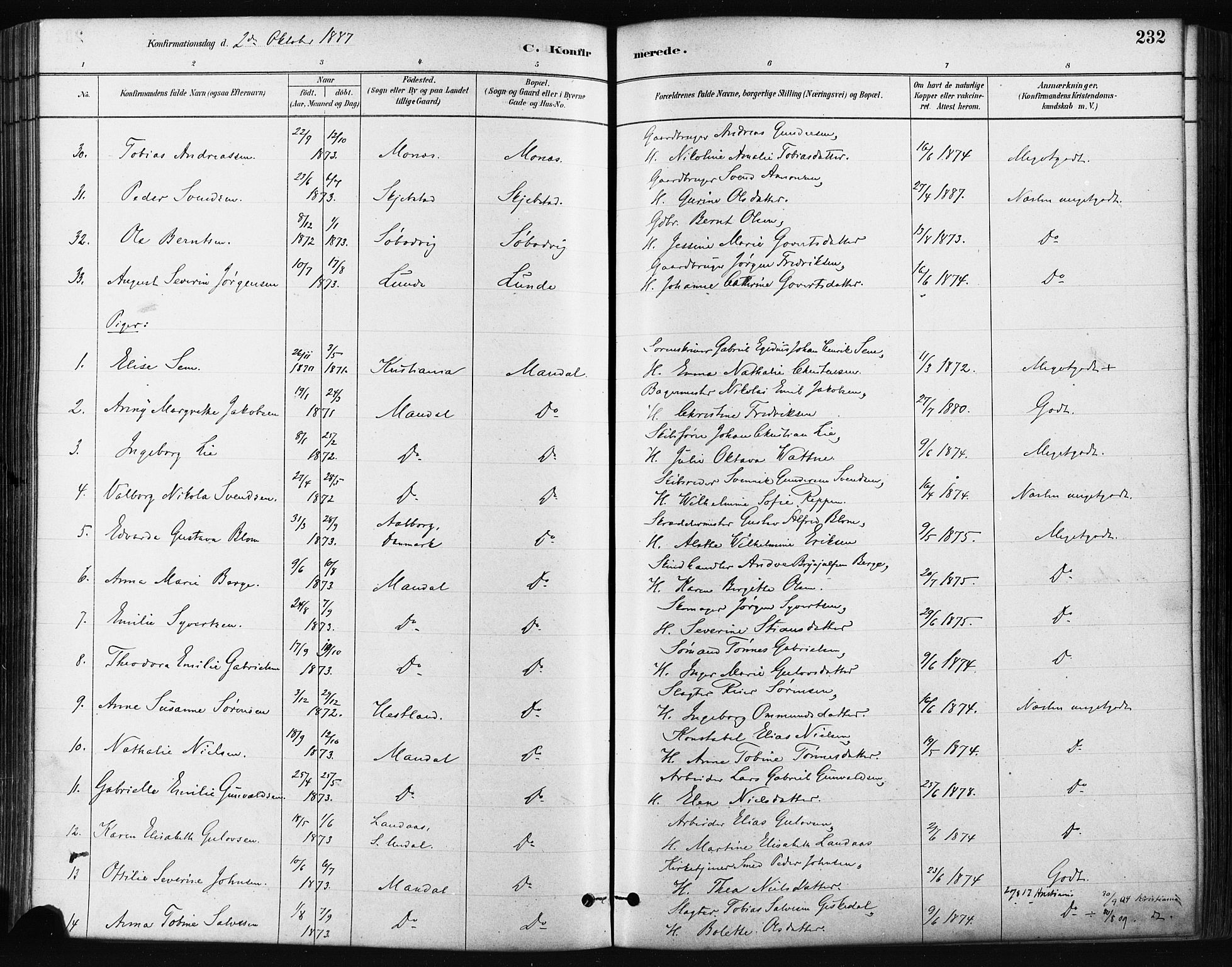 Mandal sokneprestkontor, AV/SAK-1111-0030/F/Fa/Faa/L0016: Parish register (official) no. A 16, 1880-1890, p. 232