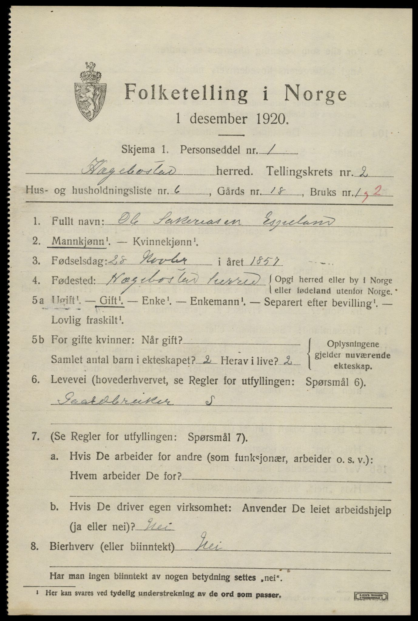 SAK, 1920 census for Hægebostad, 1920, p. 879