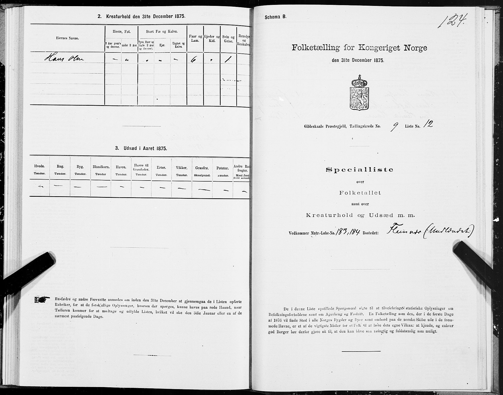 SAT, 1875 census for 1838P Gildeskål, 1875, p. 4124