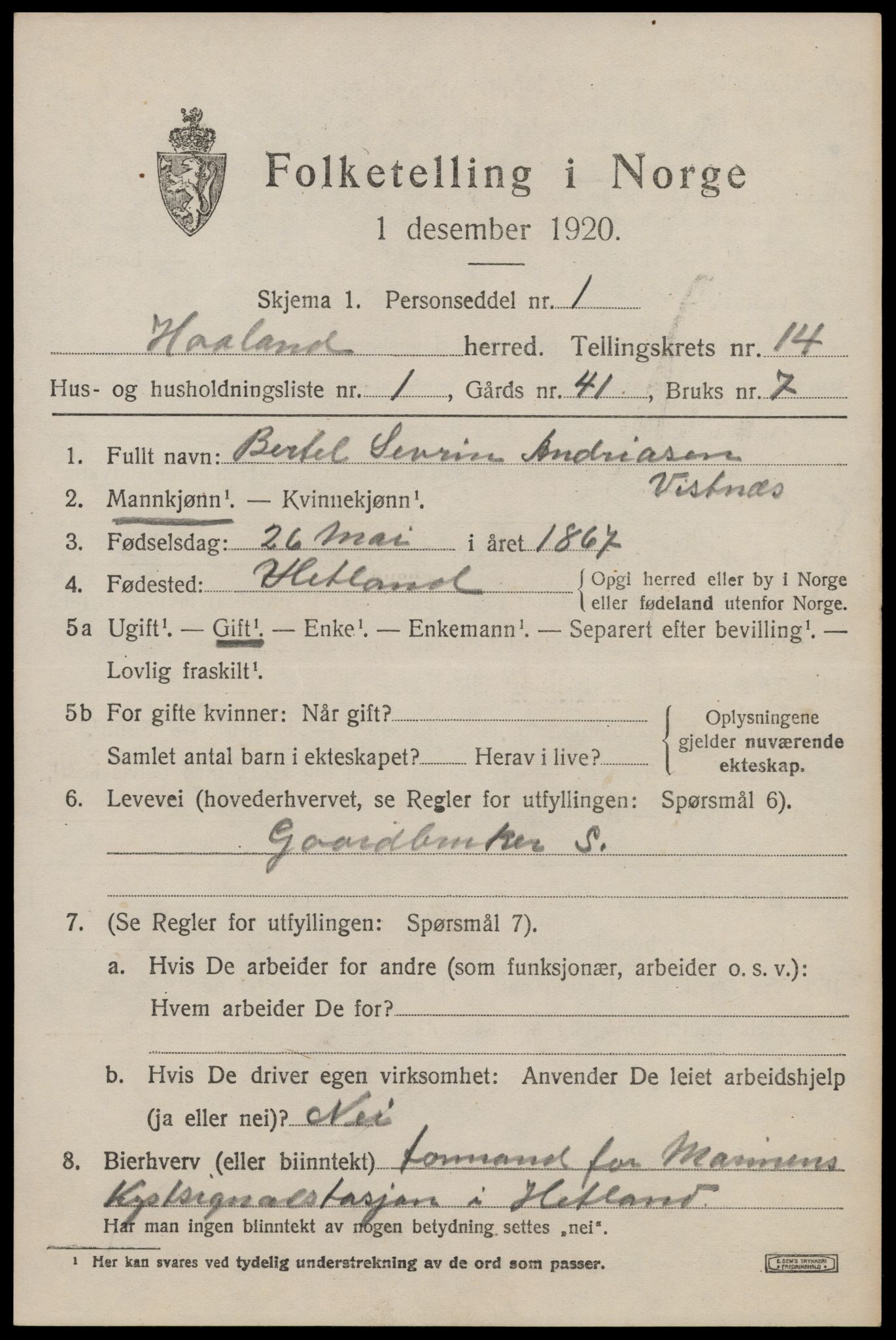 SAST, 1920 census for Håland, 1920, p. 9969