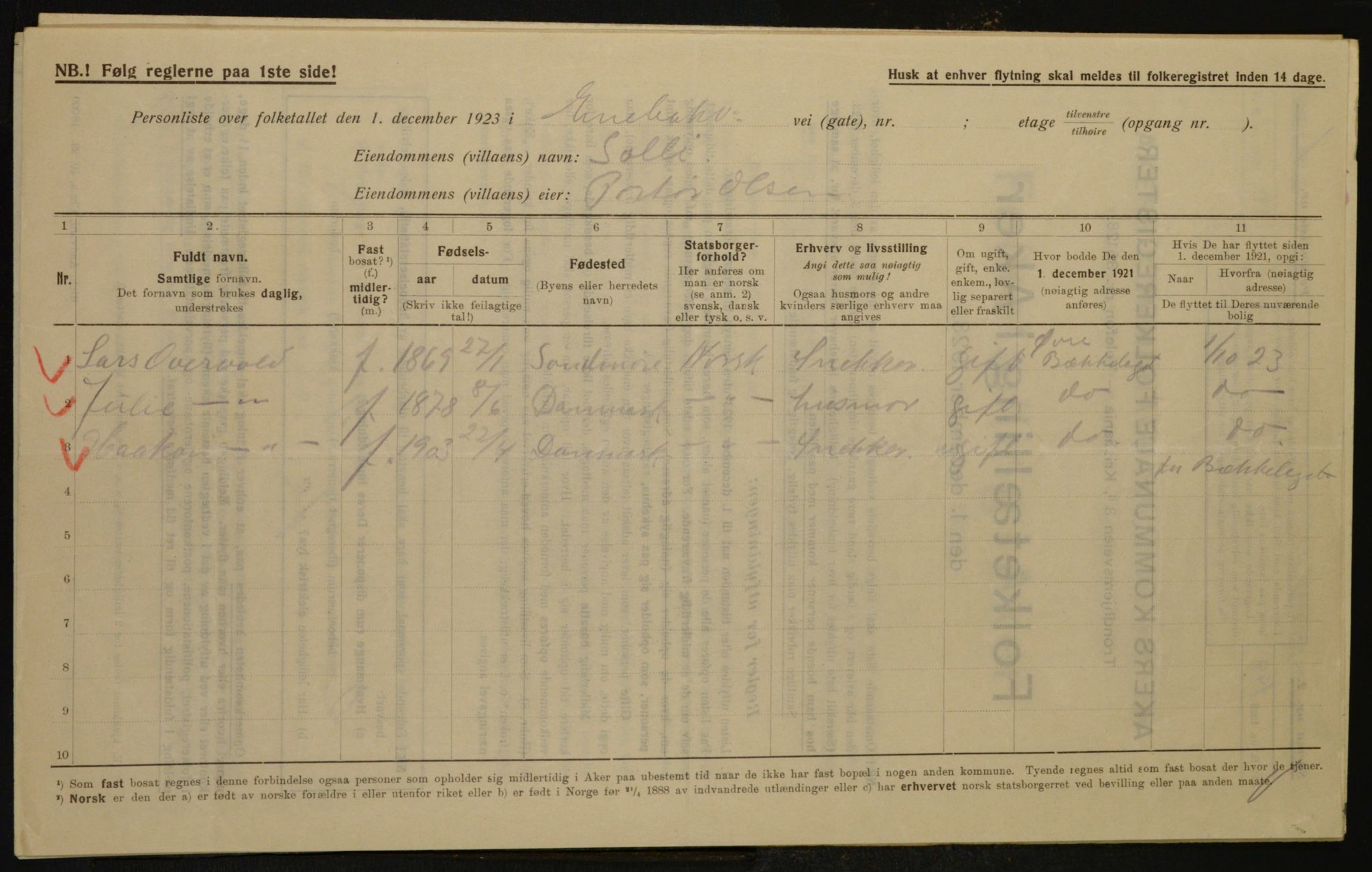 , Municipal Census 1923 for Aker, 1923, p. 23485