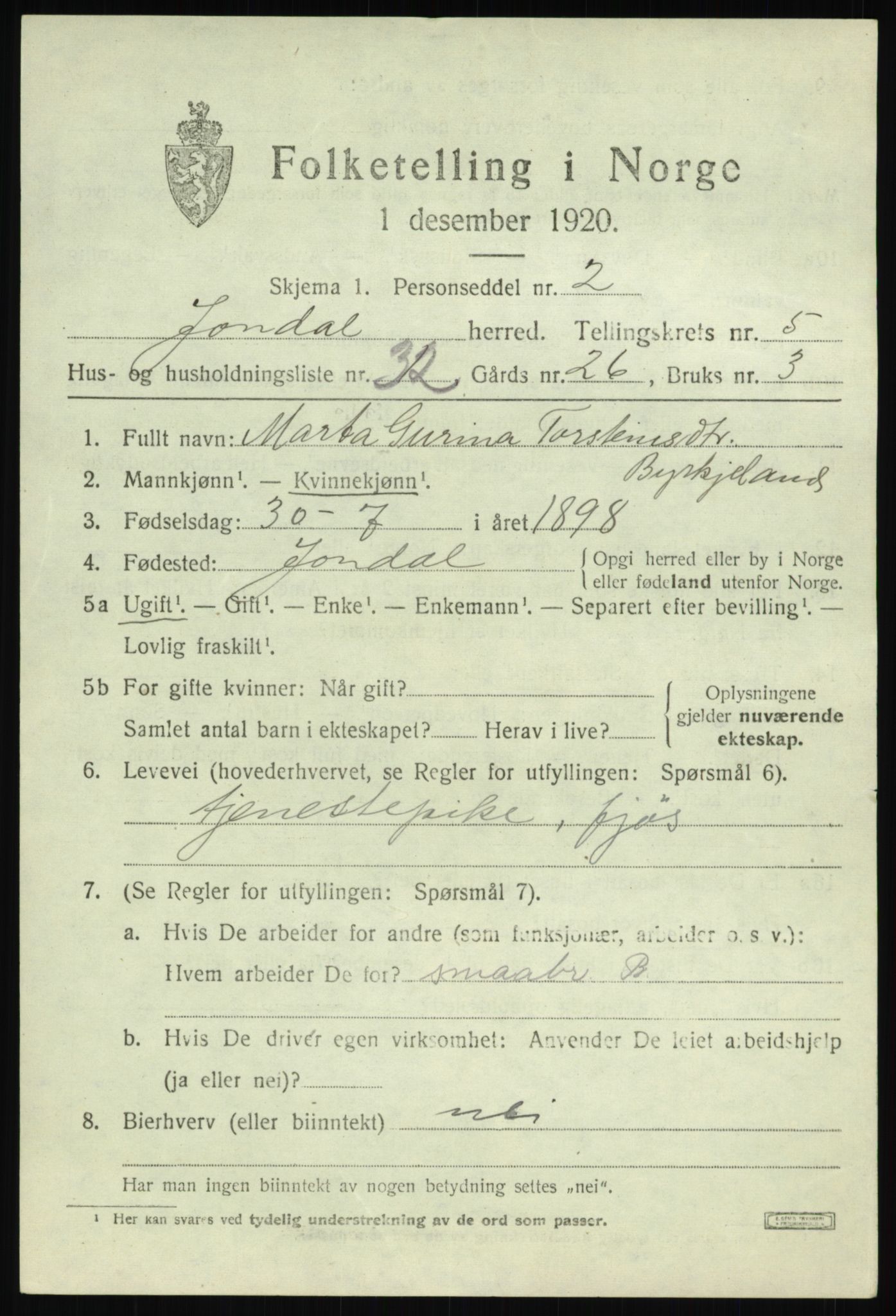 SAB, 1920 census for Jondal, 1920, p. 2844