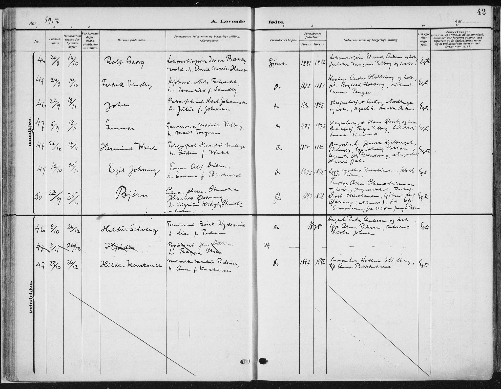 Vardal prestekontor, SAH/PREST-100/H/Ha/Haa/L0014: Parish register (official) no. 14, 1912-1922, p. 42