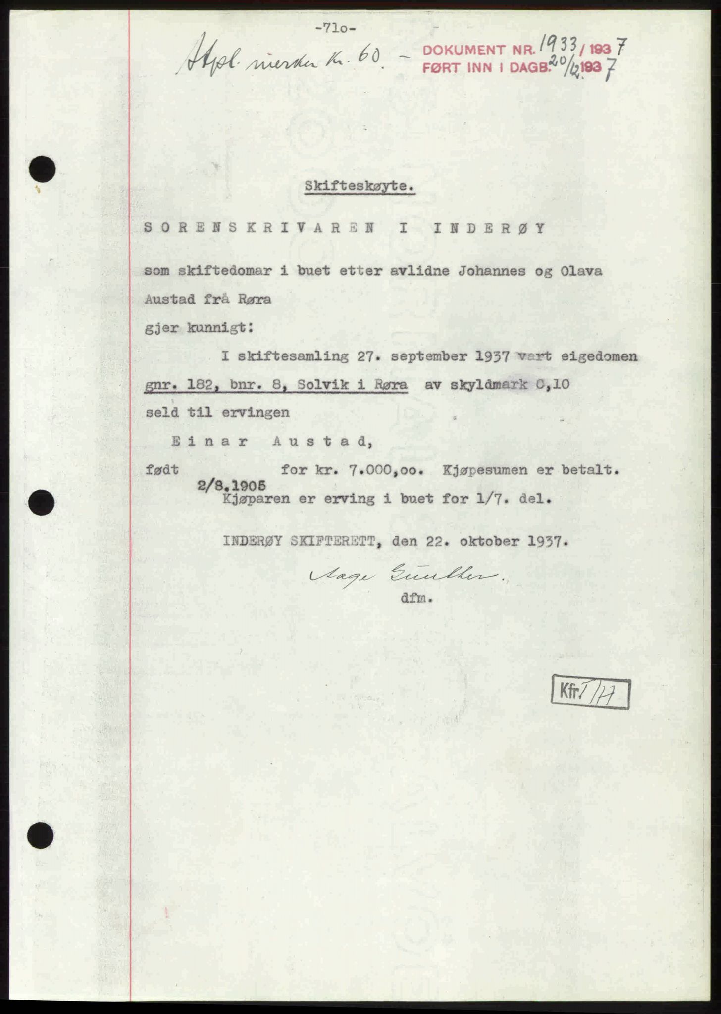 Inderøy sorenskriveri, AV/SAT-A-4147/1/2/2C: Mortgage book no. A 3, 1937-1938, p. 710, Diary no: : 1933/1937