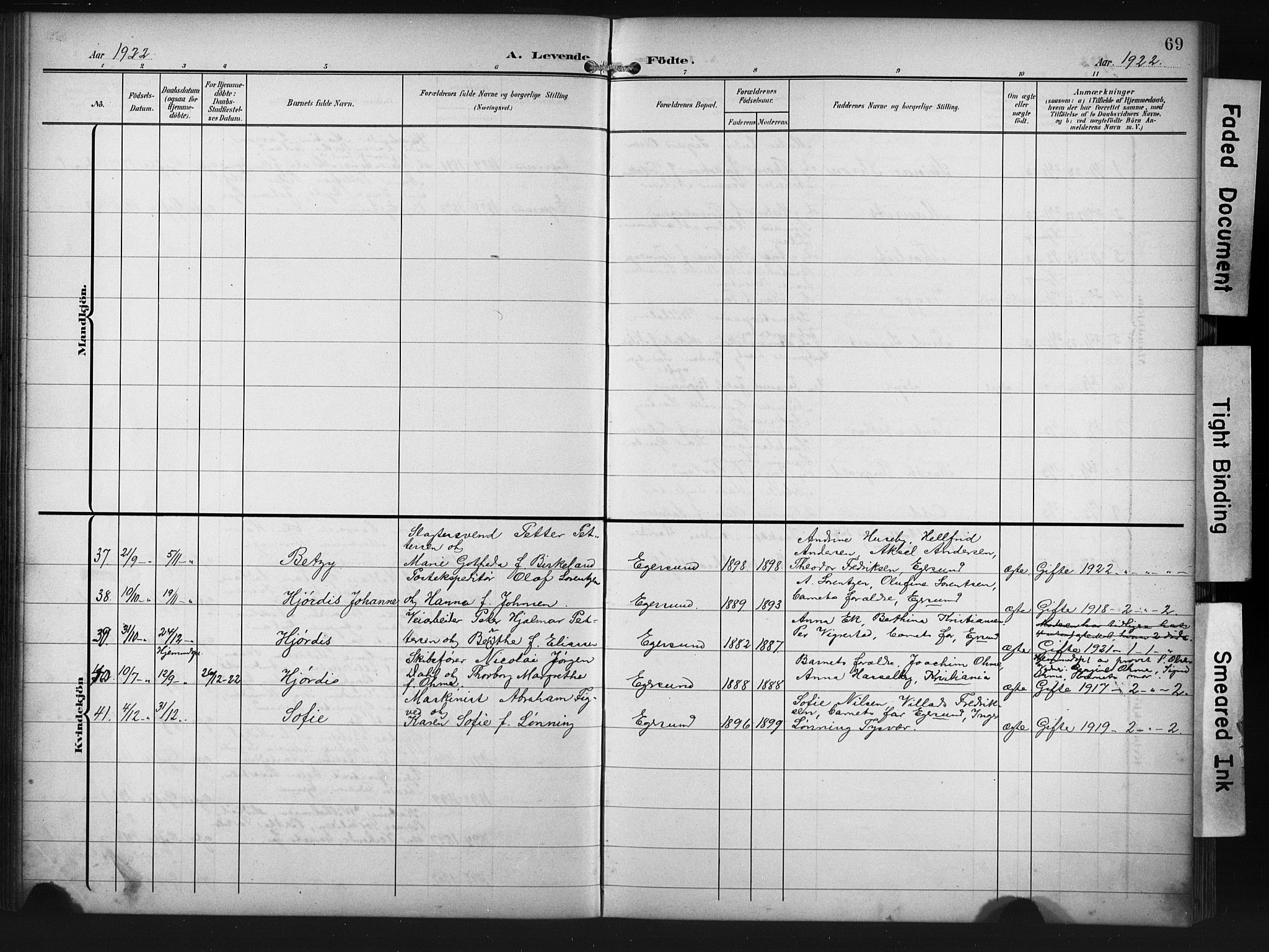 Eigersund sokneprestkontor, AV/SAST-A-101807/S09/L0012: Parish register (copy) no. B 12, 1908-1930, p. 69