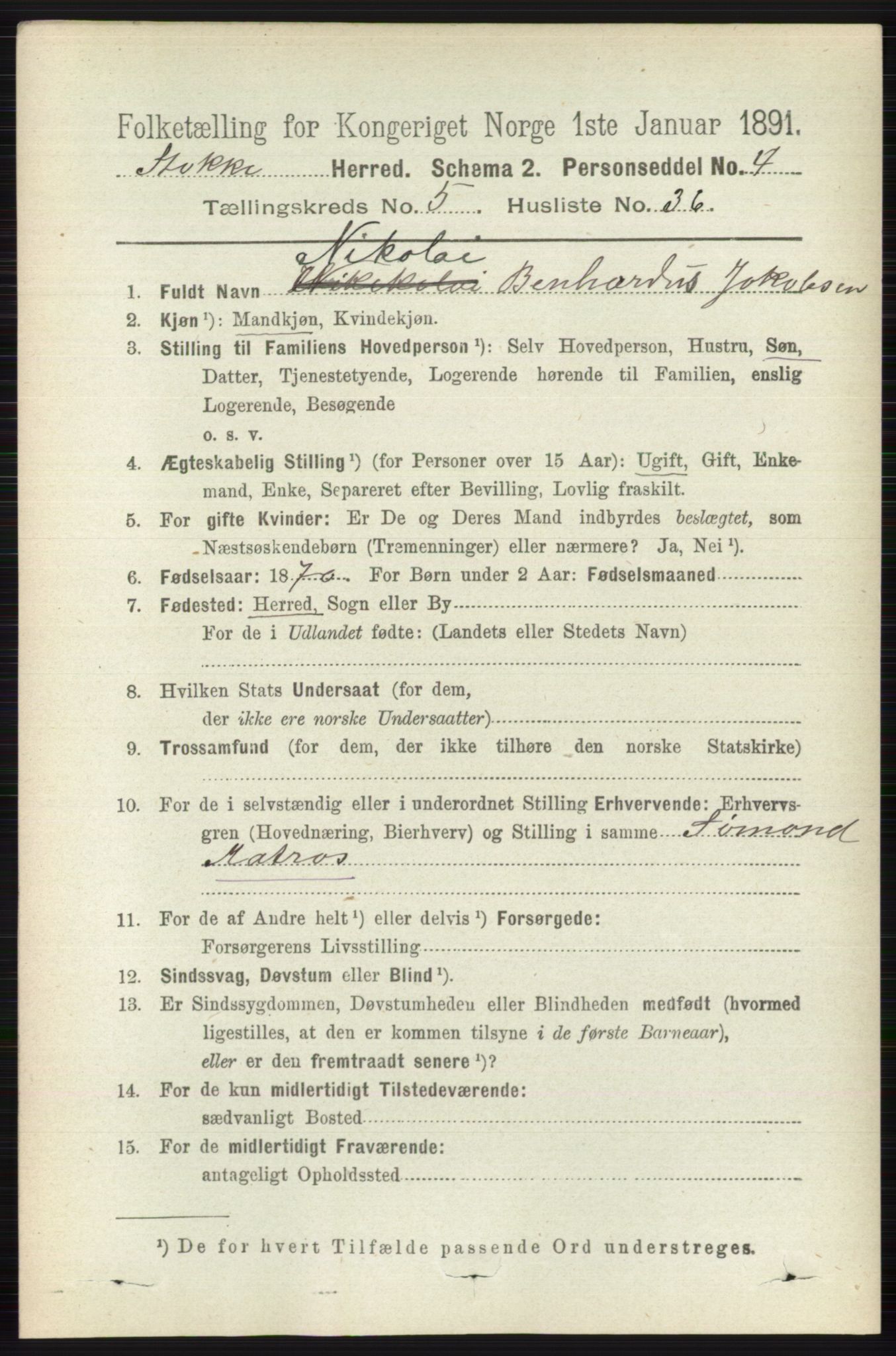 RA, 1891 census for 0720 Stokke, 1891, p. 3288