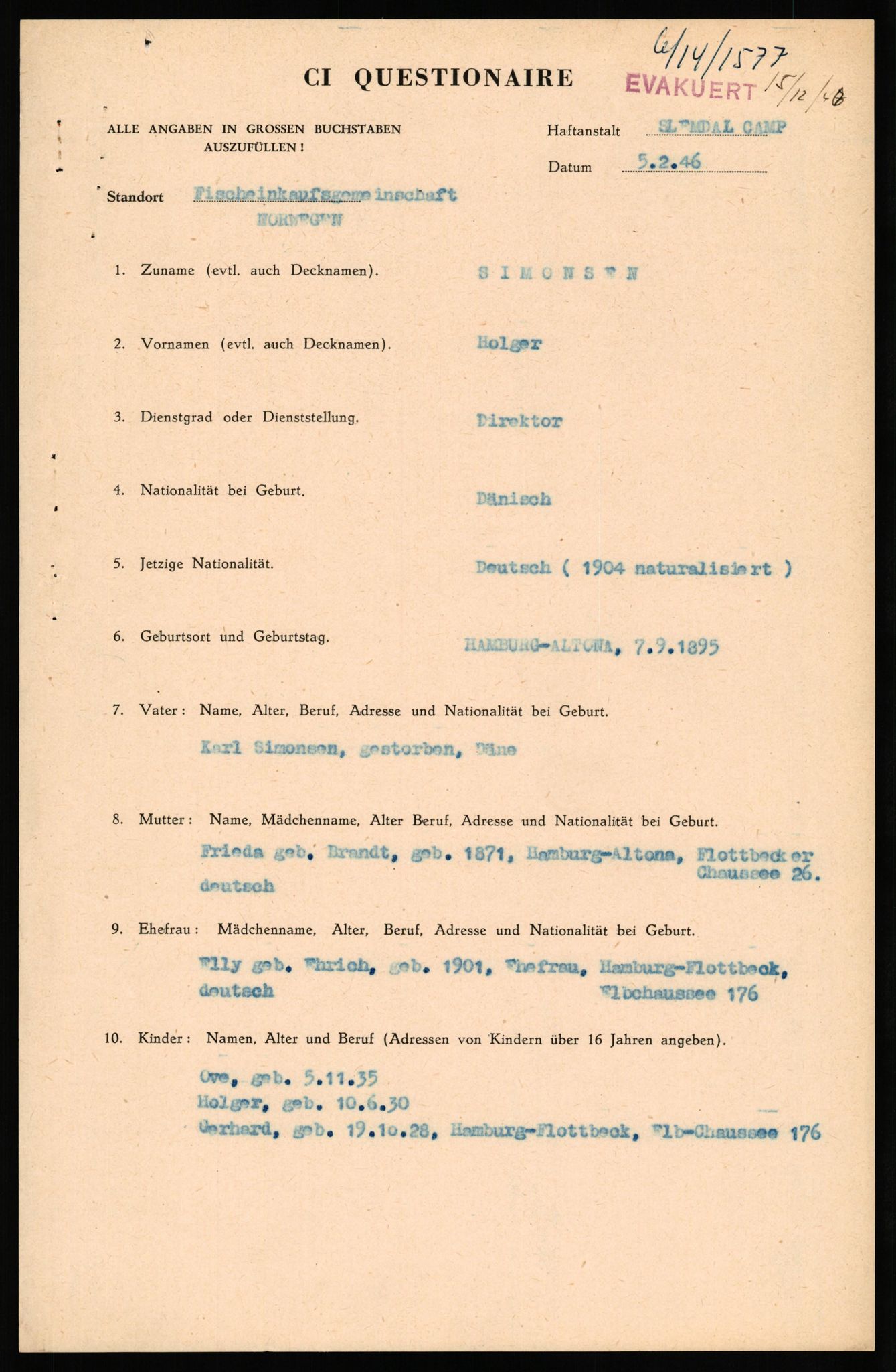 Forsvaret, Forsvarets overkommando II, AV/RA-RAFA-3915/D/Db/L0032: CI Questionaires. Tyske okkupasjonsstyrker i Norge. Tyskere., 1945-1946, p. 99