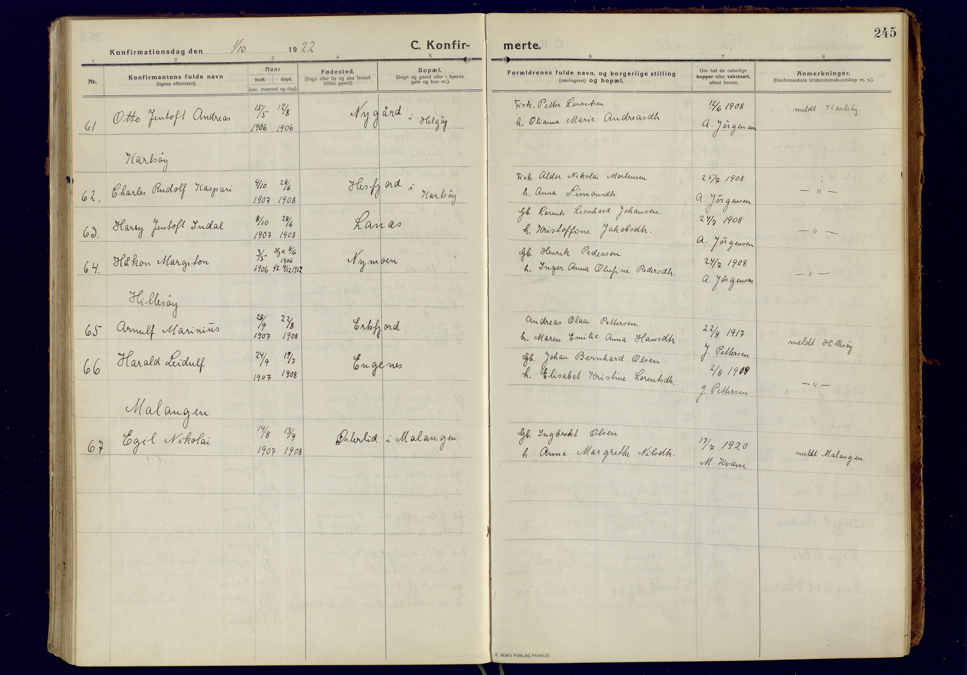 Tromsøysund sokneprestkontor, AV/SATØ-S-1304/G/Ga/L0008kirke: Parish register (official) no. 8, 1914-1922, p. 245