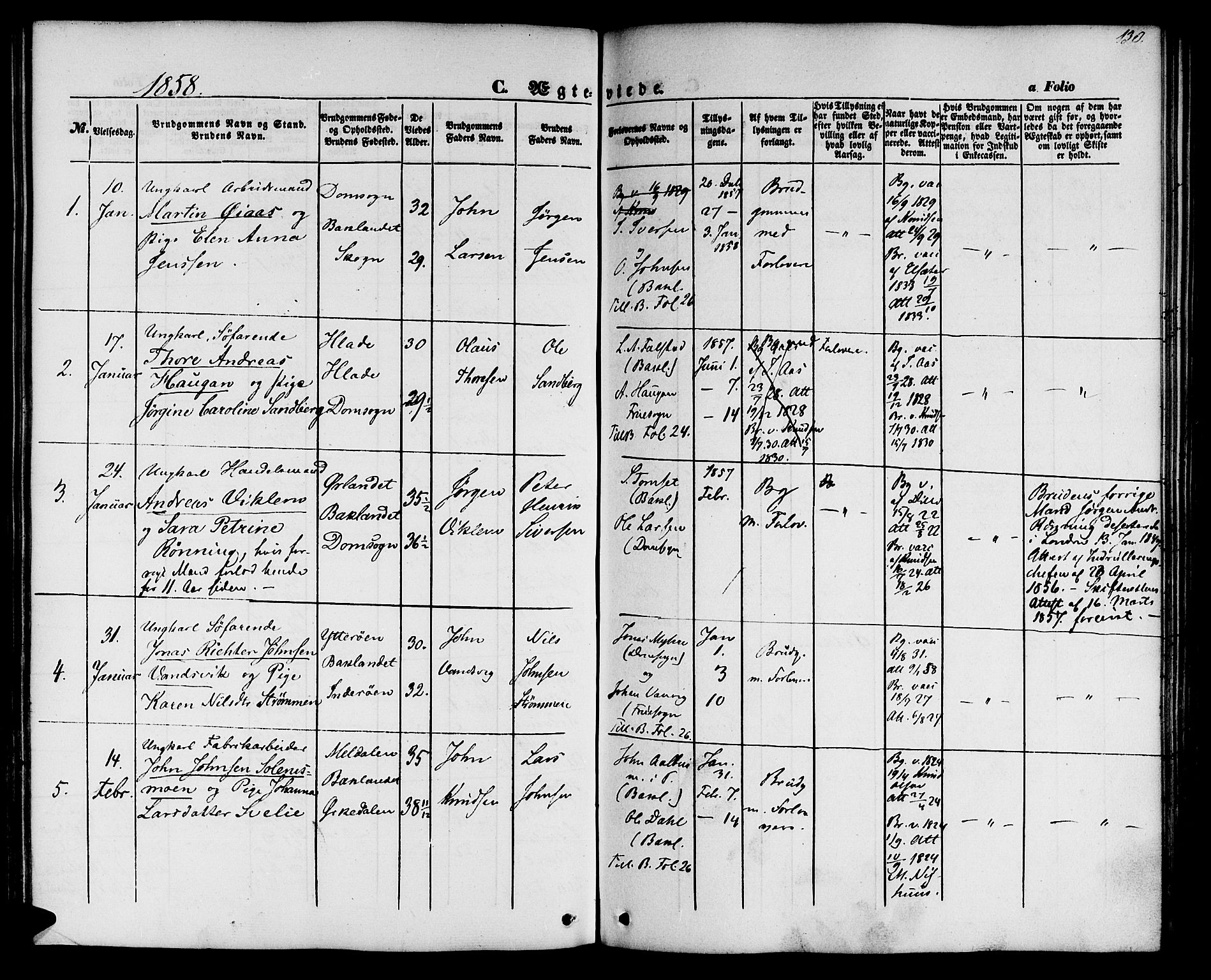 Ministerialprotokoller, klokkerbøker og fødselsregistre - Sør-Trøndelag, SAT/A-1456/604/L0184: Parish register (official) no. 604A05, 1851-1860, p. 130