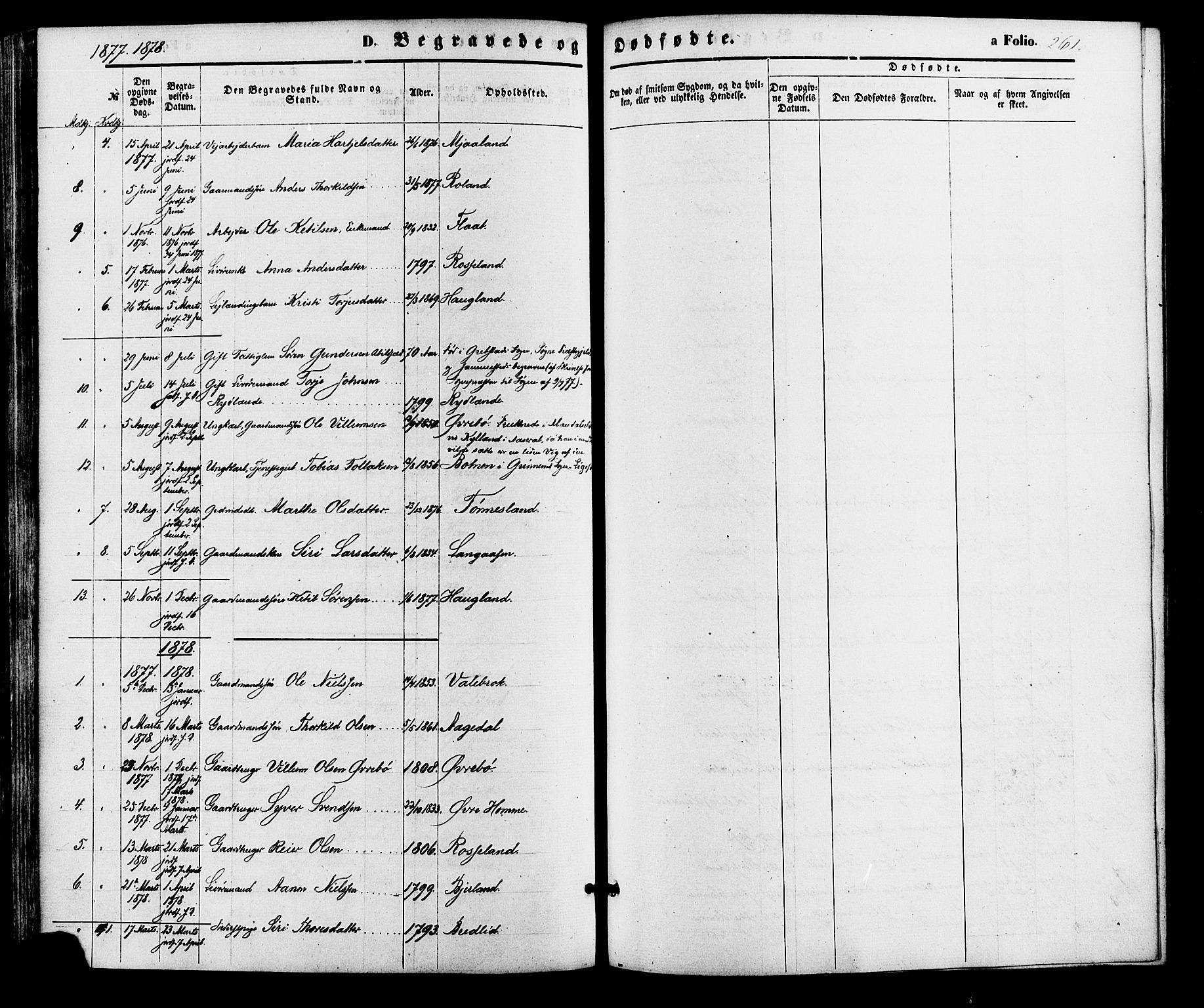 Bjelland sokneprestkontor, SAK/1111-0005/F/Fa/Faa/L0003: Parish register (official) no. A 3, 1867-1887, p. 261