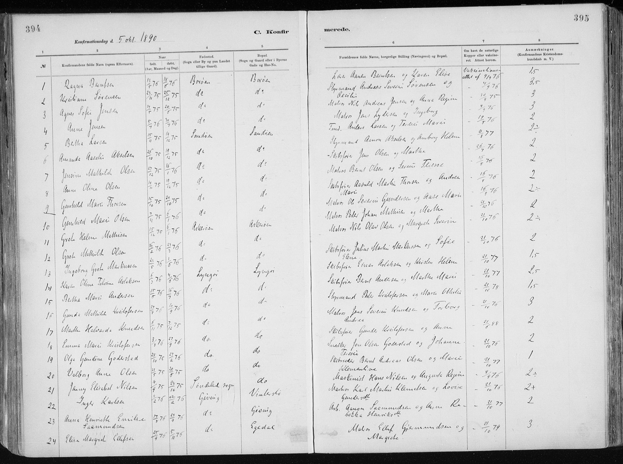 Dypvåg sokneprestkontor, AV/SAK-1111-0007/F/Fa/Faa/L0008: Parish register (official) no. A 8, 1885-1906, p. 394-395