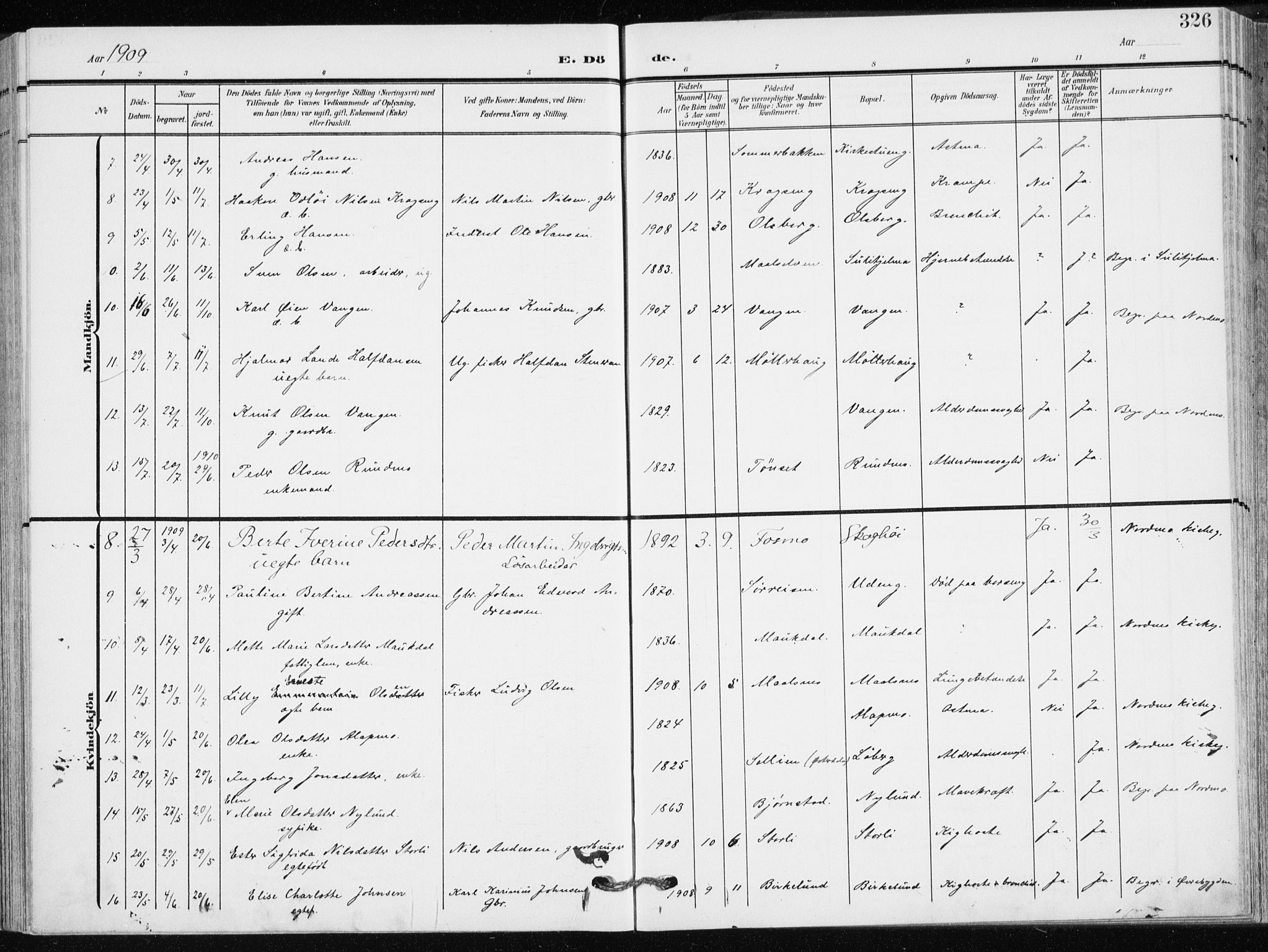 Målselv sokneprestembete, SATØ/S-1311/G/Ga/Gaa/L0011kirke: Parish register (official) no. 11, 1904-1918, p. 326