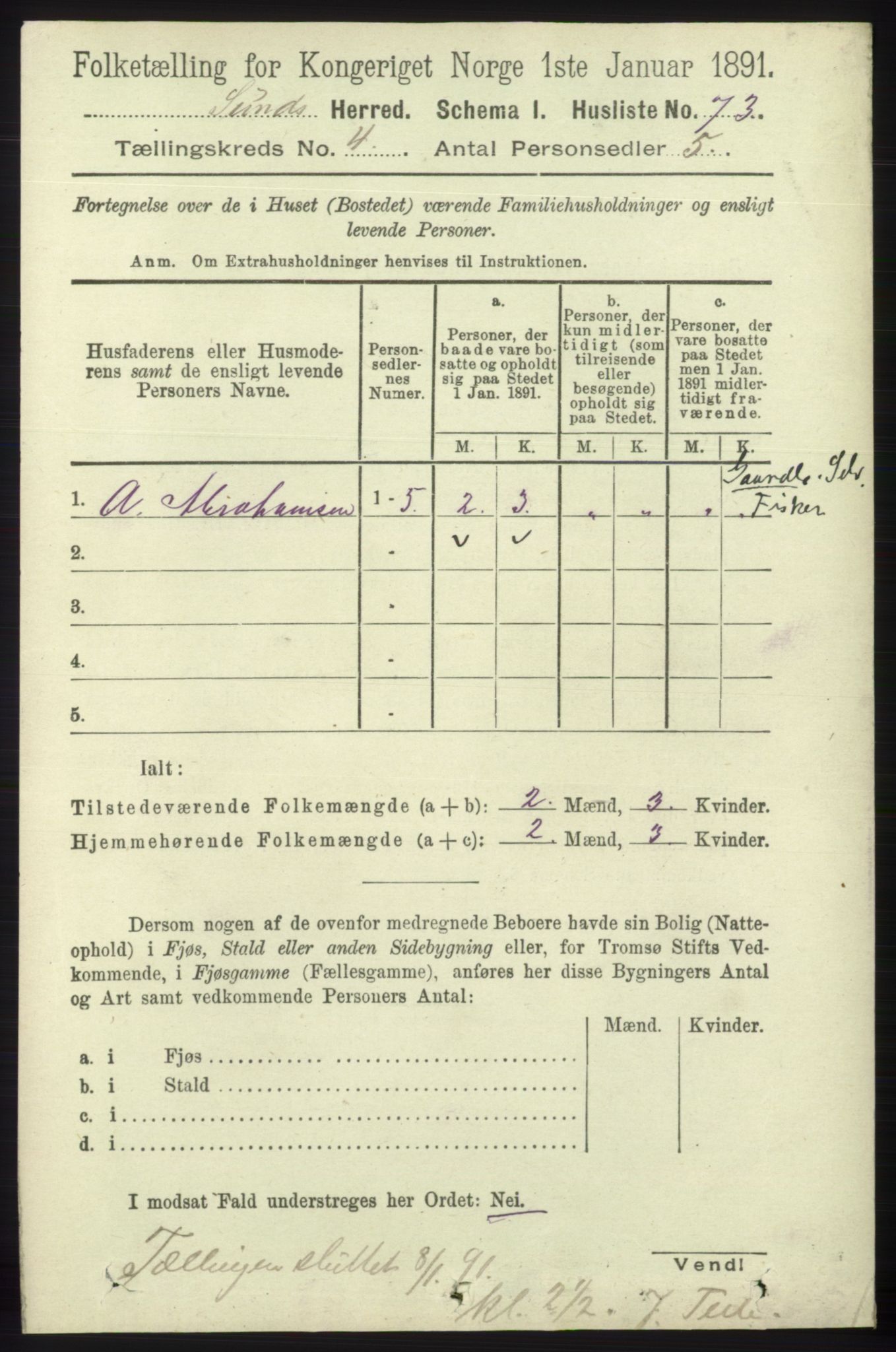 RA, 1891 census for 1245 Sund, 1891, p. 1849