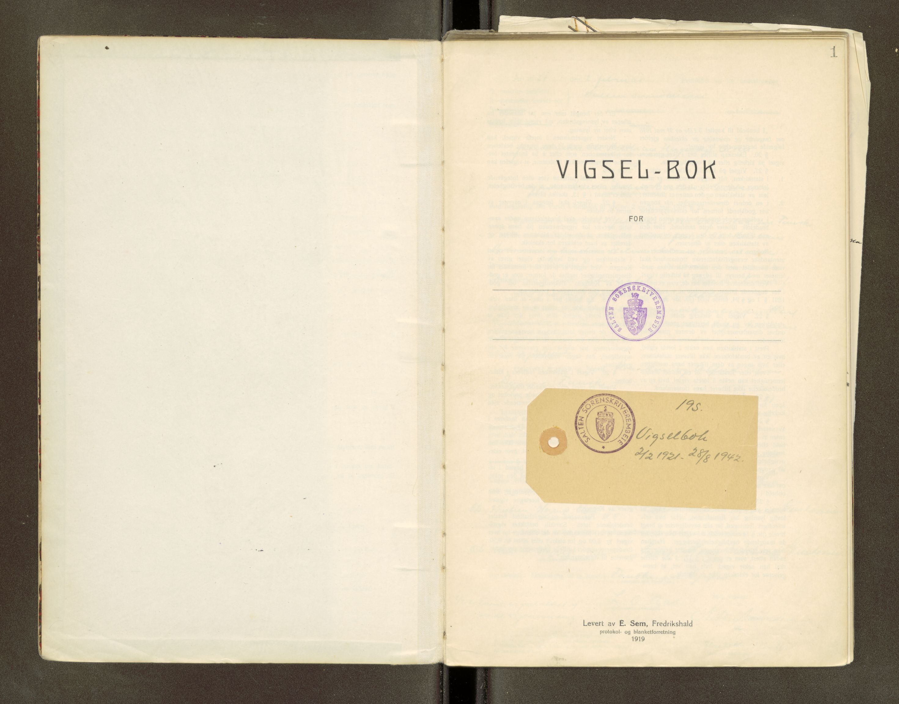 Salten sorenskriveri, AV/SAT-A-4578/1/6/6D/L0001: Vigselsbok, 1921-1942