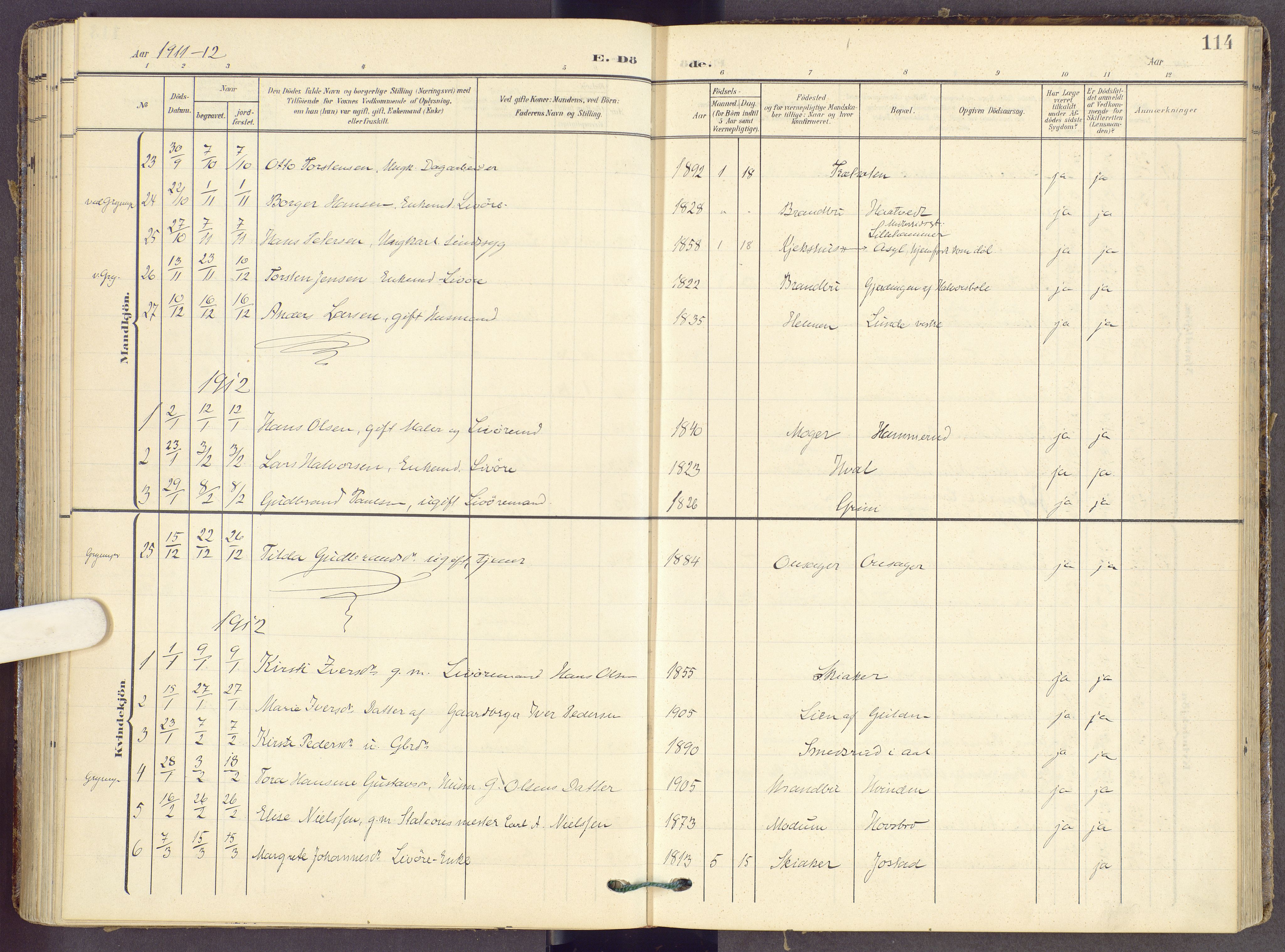 Gran prestekontor, SAH/PREST-112/H/Ha/Haa/L0022: Parish register (official) no. 22, 1908-1918, p. 114