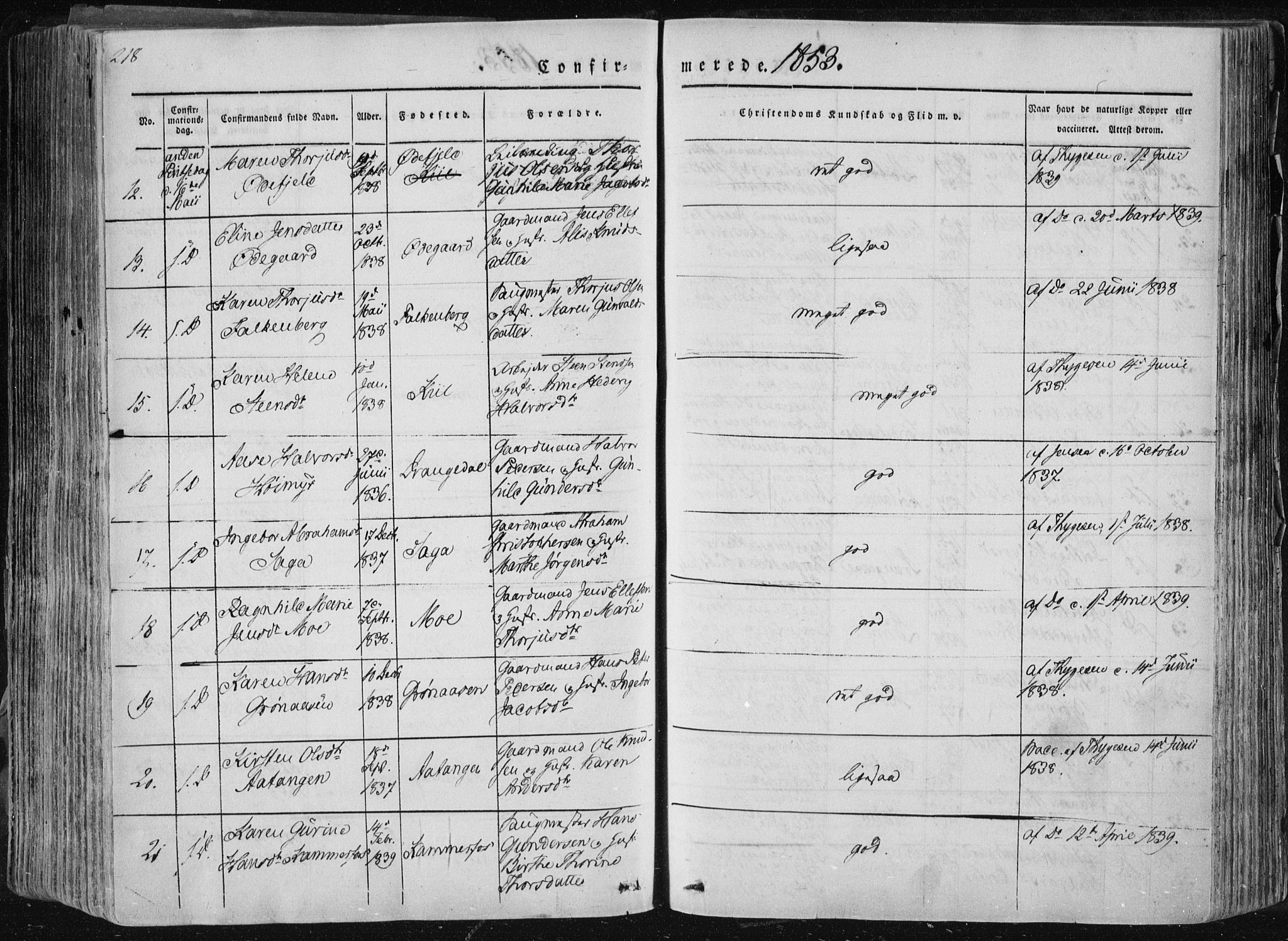 Sannidal kirkebøker, AV/SAKO-A-296/F/Fa/L0007: Parish register (official) no. 7, 1831-1854, p. 218